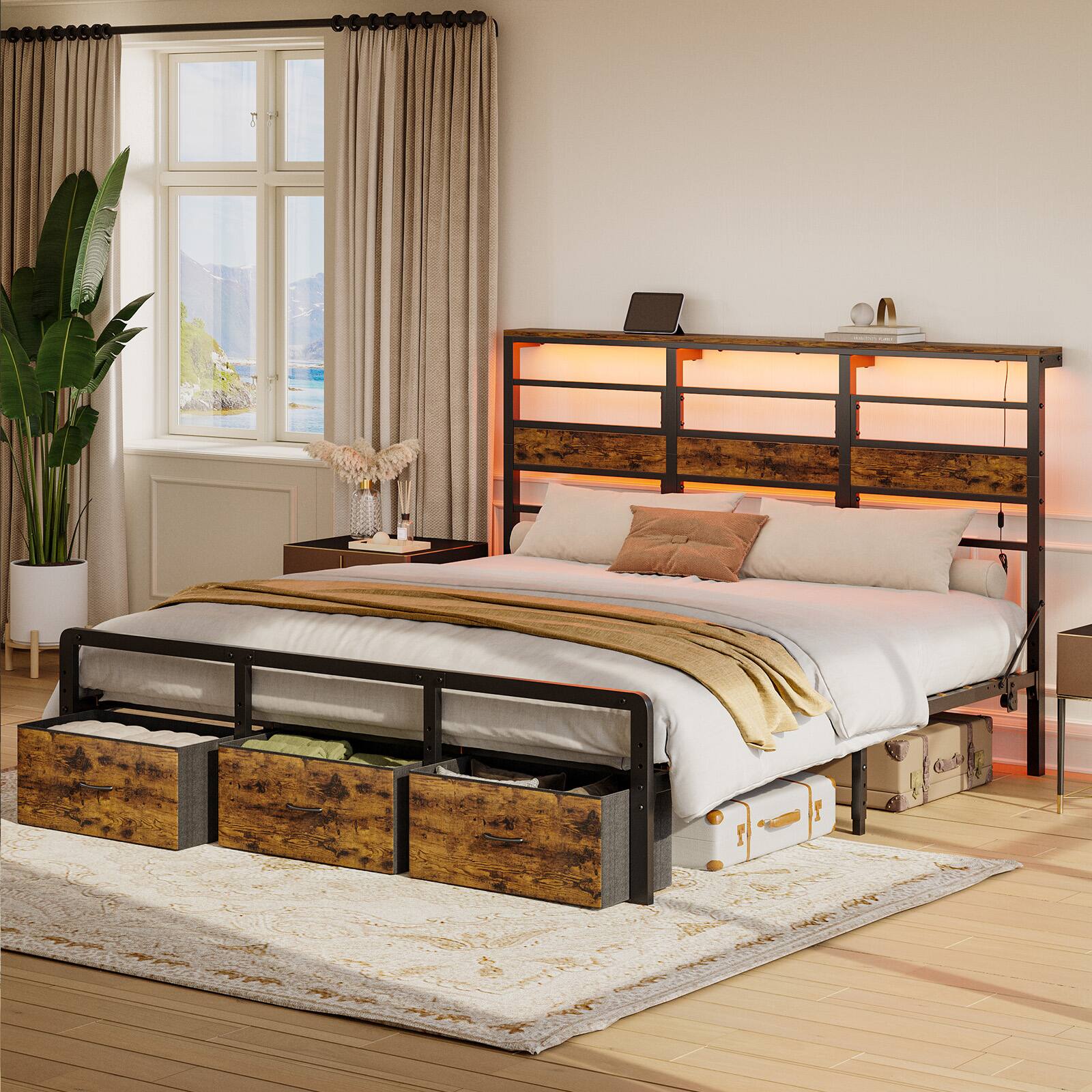 Angle. Pinmoco - Pinmoco - LED Storage Bed Platform Bed Frame with 2/3 Drawers Charging Station and Adjustable Height - Rustic Brown.