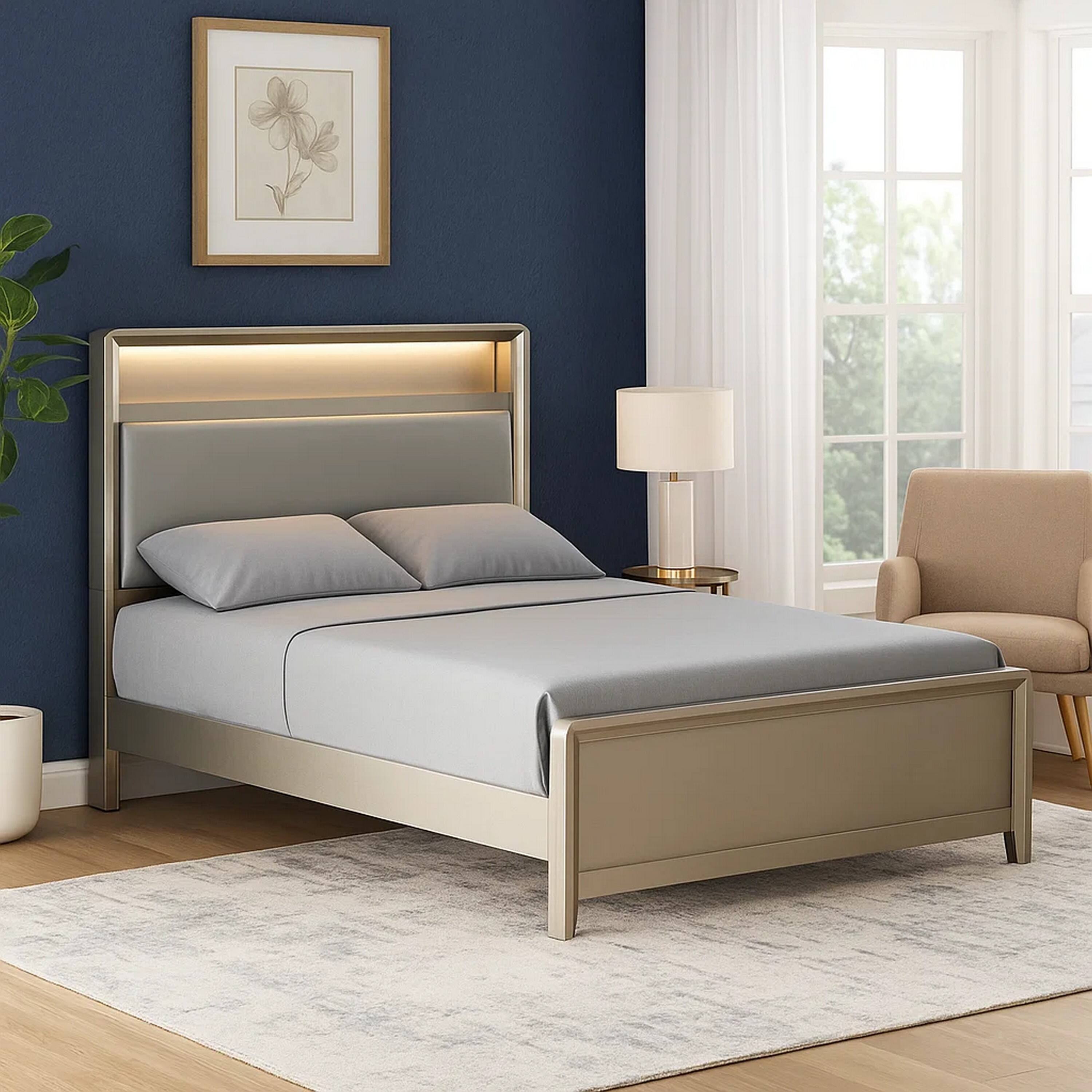 Alt View 5. Manhattan Lane - Broy Twin Size Bed w LED Bookcase Headboard, Champagne Silver Veneer - Champagne Silver.