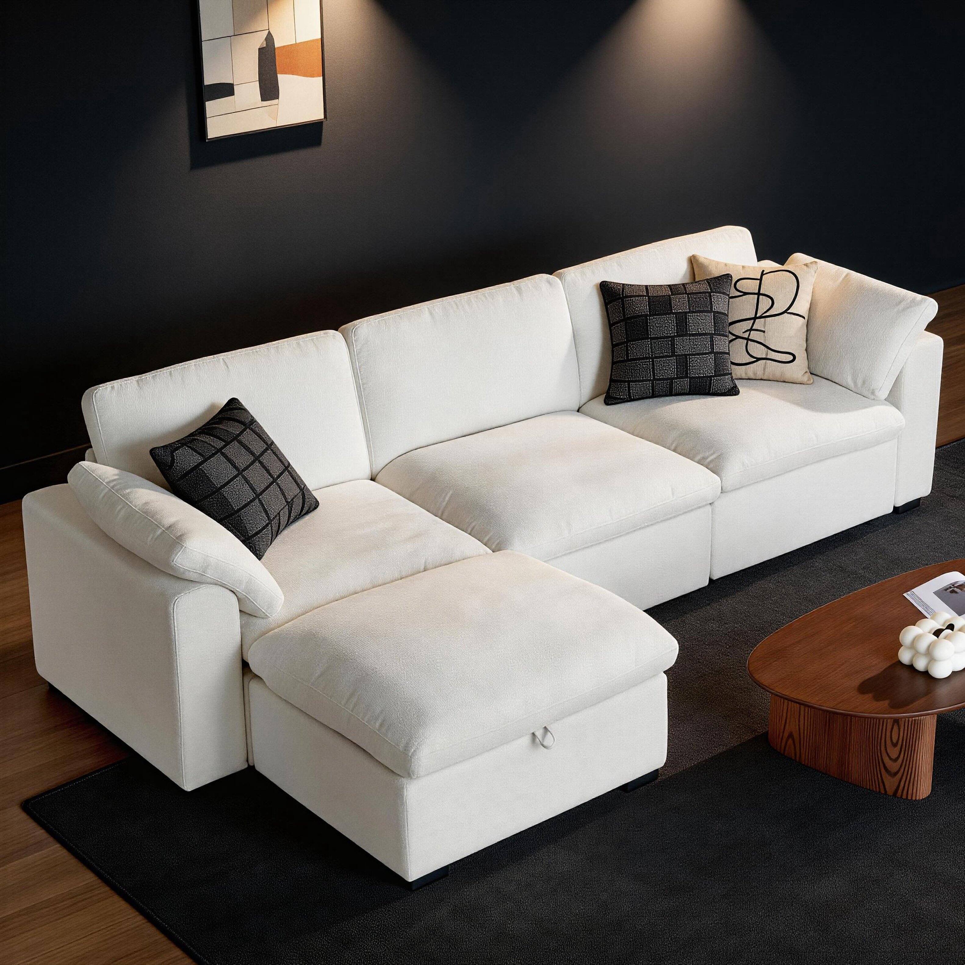 Back. Dyonery - Dyonery 120" Modular Sectional Sofa, L Shaped Cloud Couch with Storage Ottoman, Solid Wood Frame, Tool Free, Beige - Linen Beige.