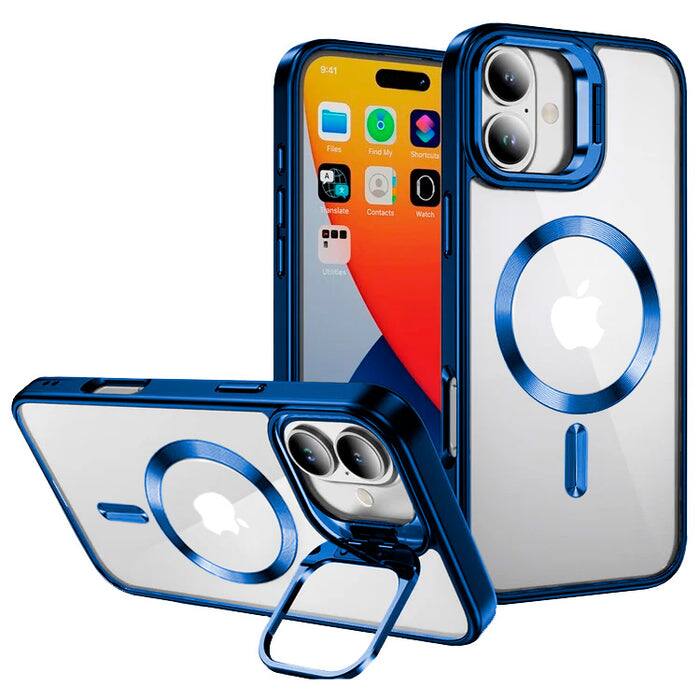 Entronix - Magnetic Phone Case for iPhone 16 - Clear Glossy Back Cover with Camera Stand - Blue