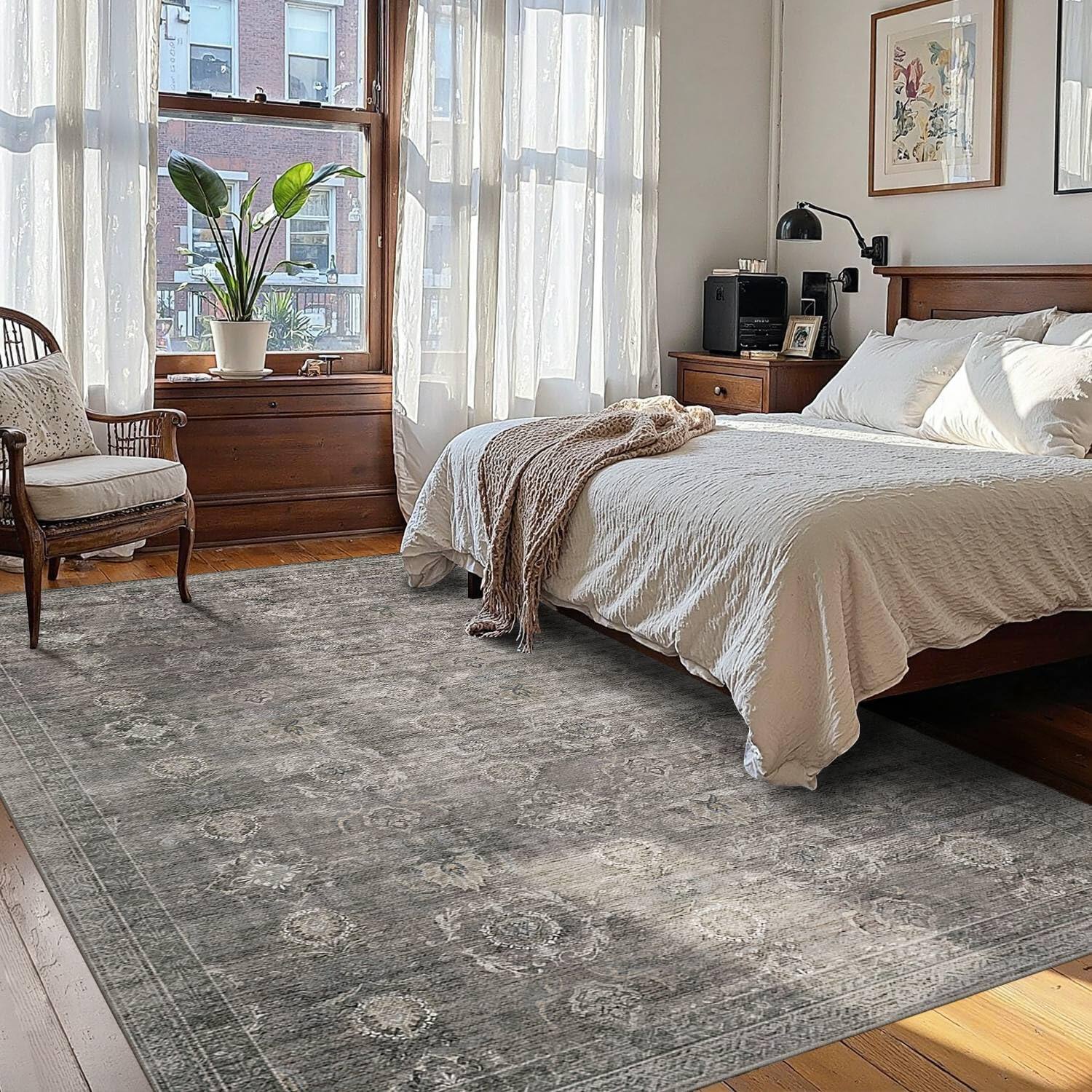 Back. PARKER SLATER - Area Rugs 5x7 Living Room Bedroom Grey Washable Rug Vintage Retro Boho Non Slip Low Pile Faux Thin Carpet Indoor - Brown.