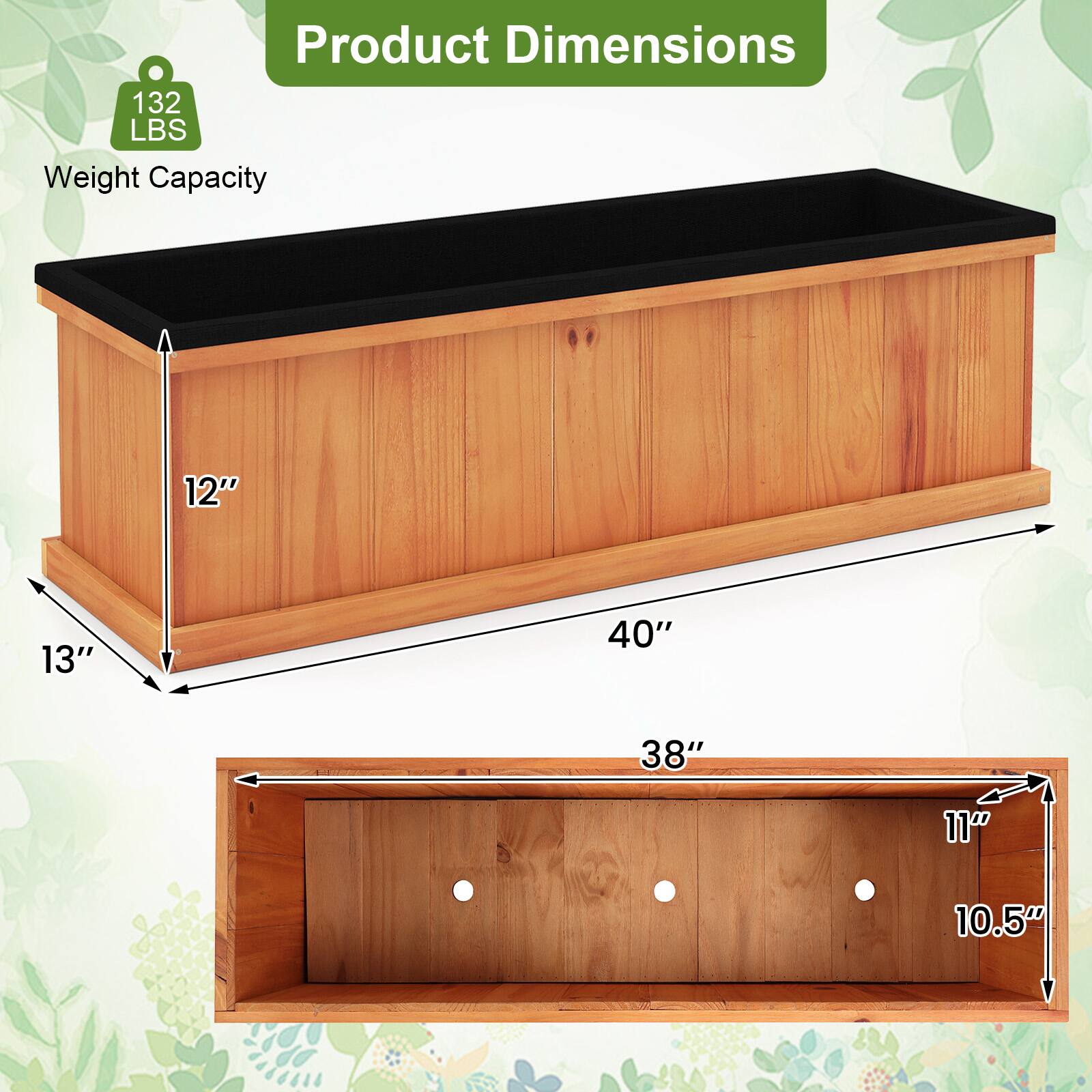 Product Dimensions

132 LBS Weight Capacity

12" 13" 40" 38" 11" 10.5"