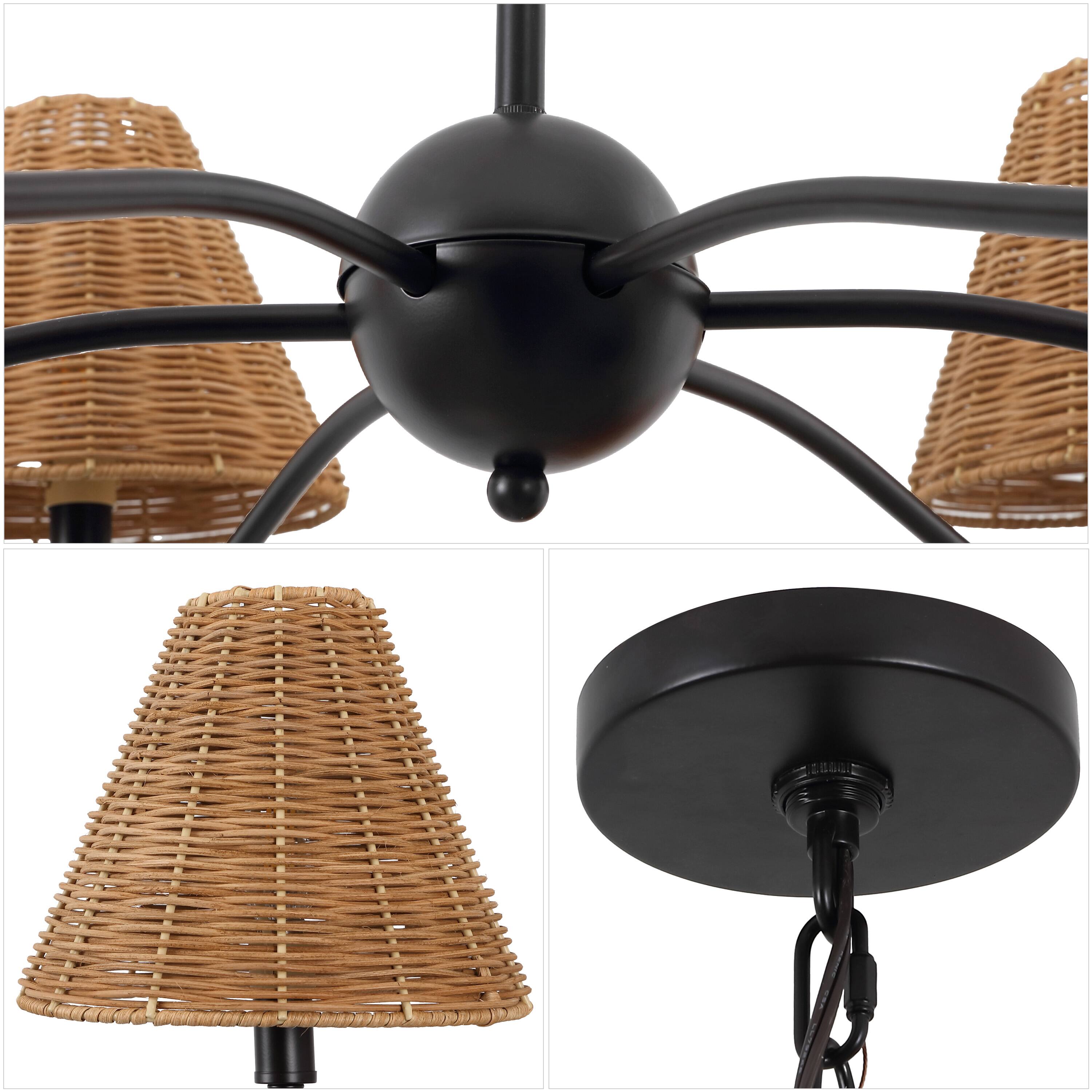 Alt View 4. Jonathan Y - Grady 35" 6-Light Adjustable Swooping Arm Metal with Hand-Woven Rattan Shades LED Chandelier, Black/Brown - Oil Rubbed Bronze.