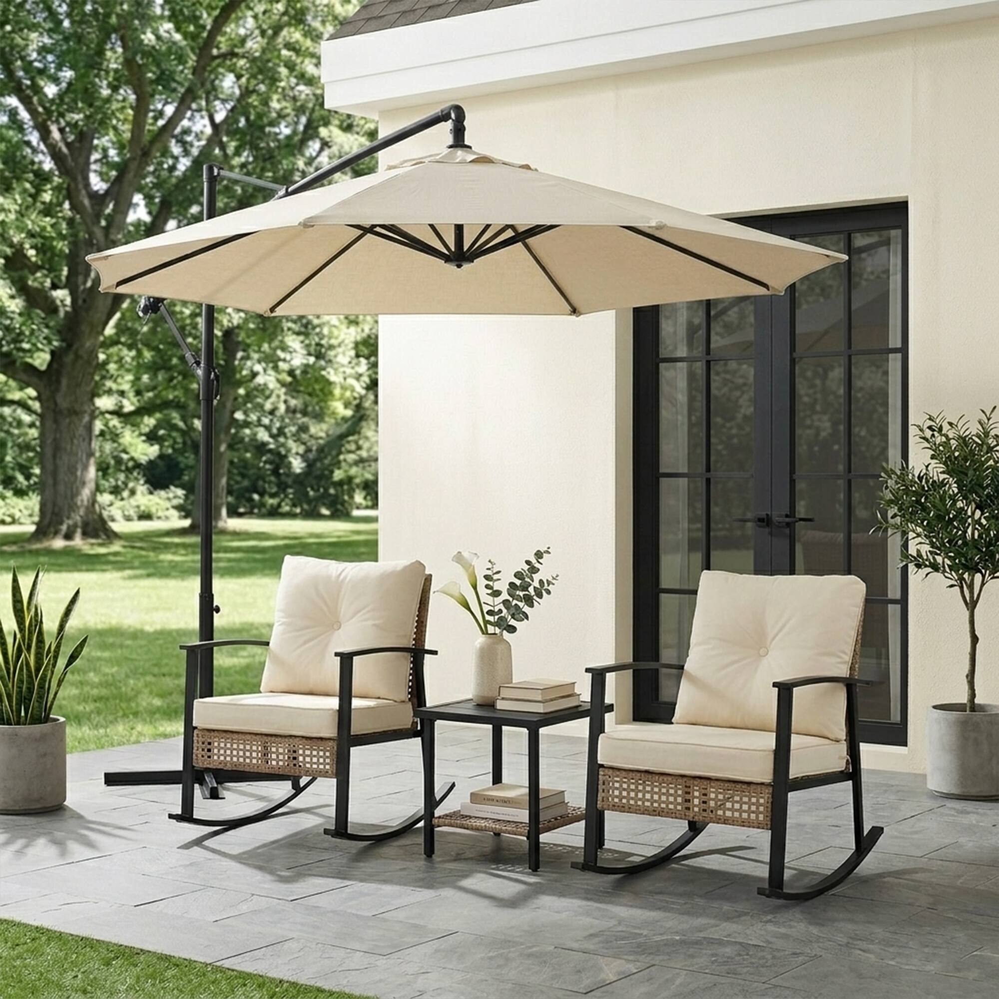 Back. Yardgrace - 3-Piece Outdoor Rocking Set, Oversize Rattan Chairs with Thick Cushions & 2-Tier Coffee Table for Patio Garden - Off-white.