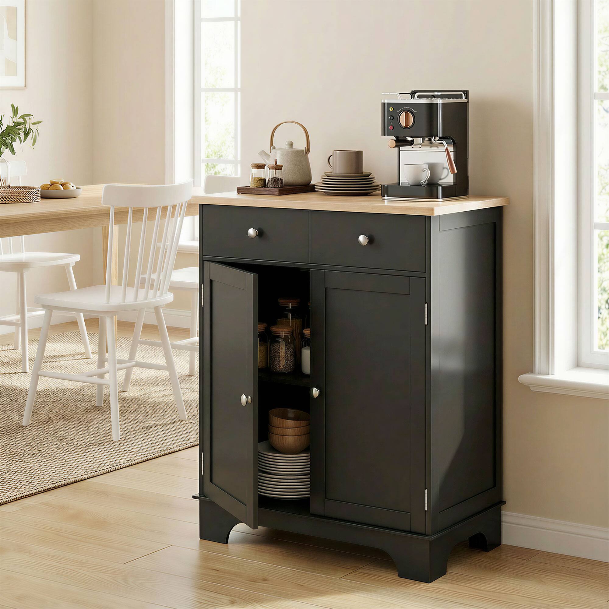Alt View 1. Homcom - Storage Cabinet, Sideboard Floor Cupboard with Solid Wood Top, Adjustable Shelf - Black.