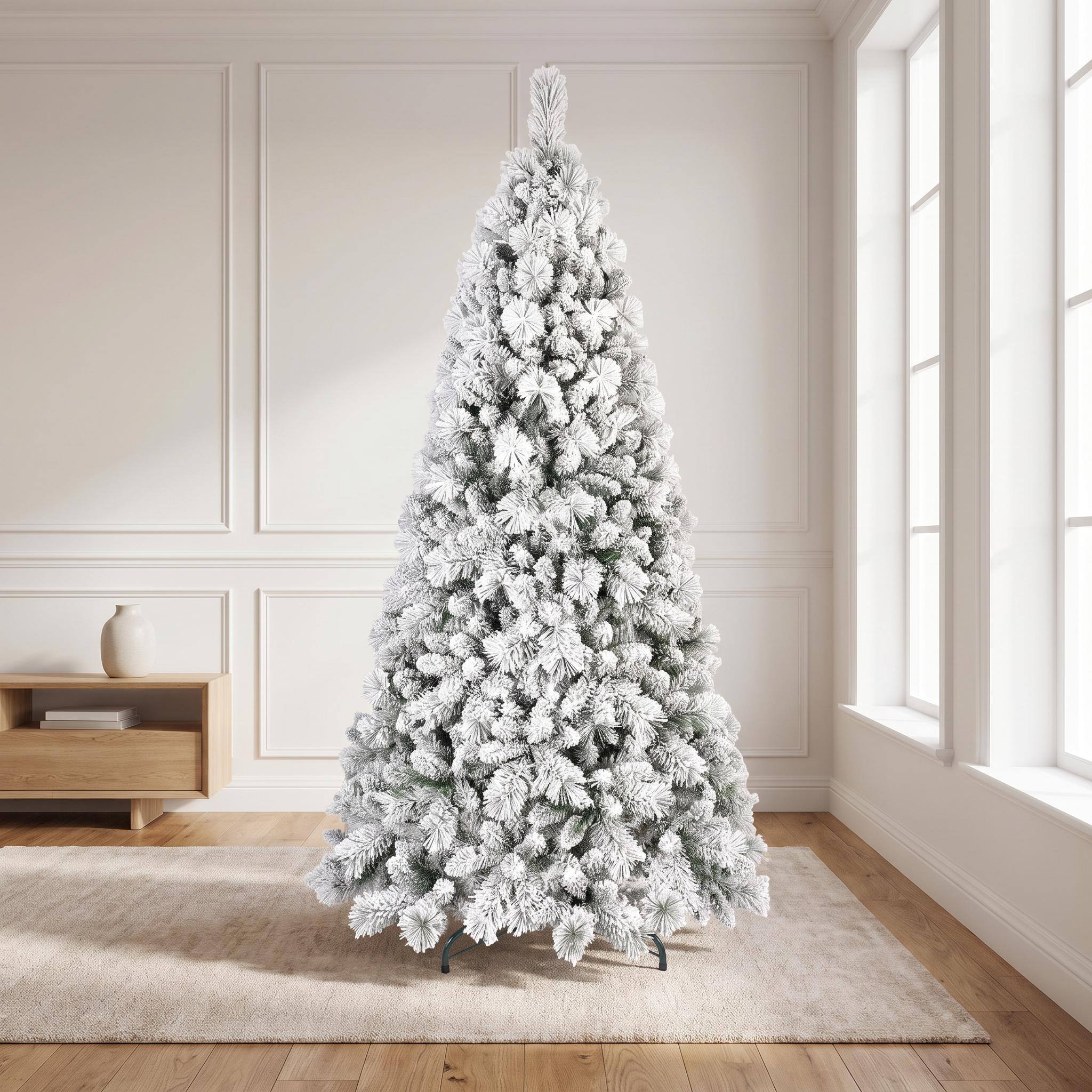 Alt View 6. Forest'nSky - 4 ft. Flocked Christmas Tree with 350 Tips, PVC and Hard Needle Branches, Hinged Setup, Metal Stand - Green, White.