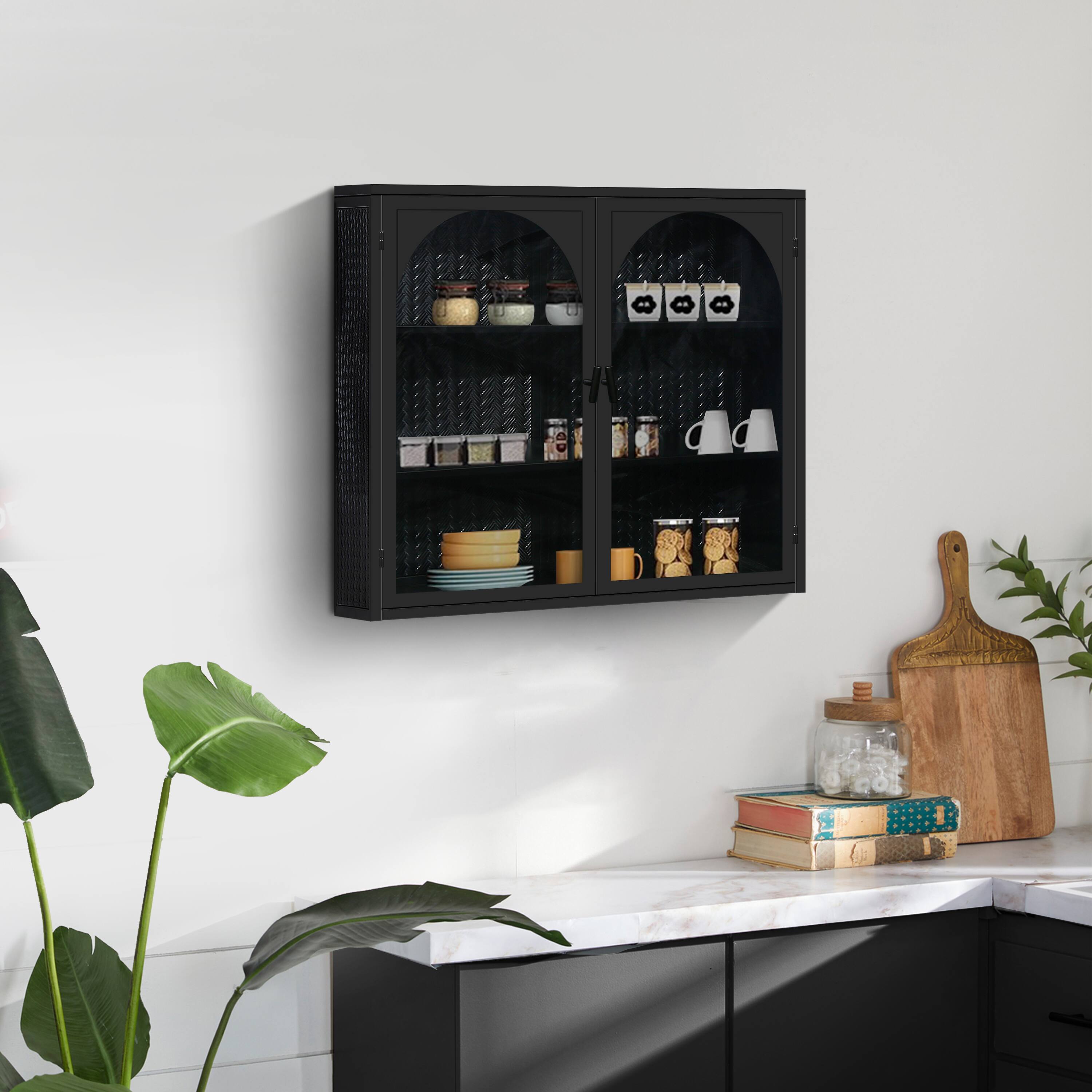 Back. Spaco - Spaco 27.56" Wall Cabinet with Glass Doors, Modern 2 Door Storage Cabinet with 3 Tier Shelves and Woven Pattern Design - Black.