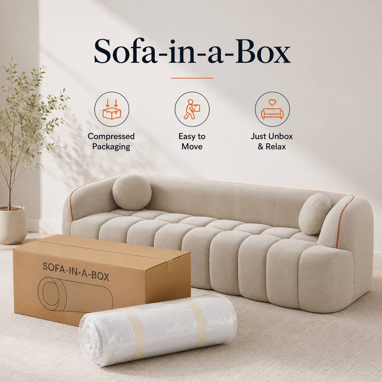 Sofa-in-a-Box  
Compressed Packaging  
Easy to Move  
Just Unbox & Relax  
SOFA-IN-A-BOX