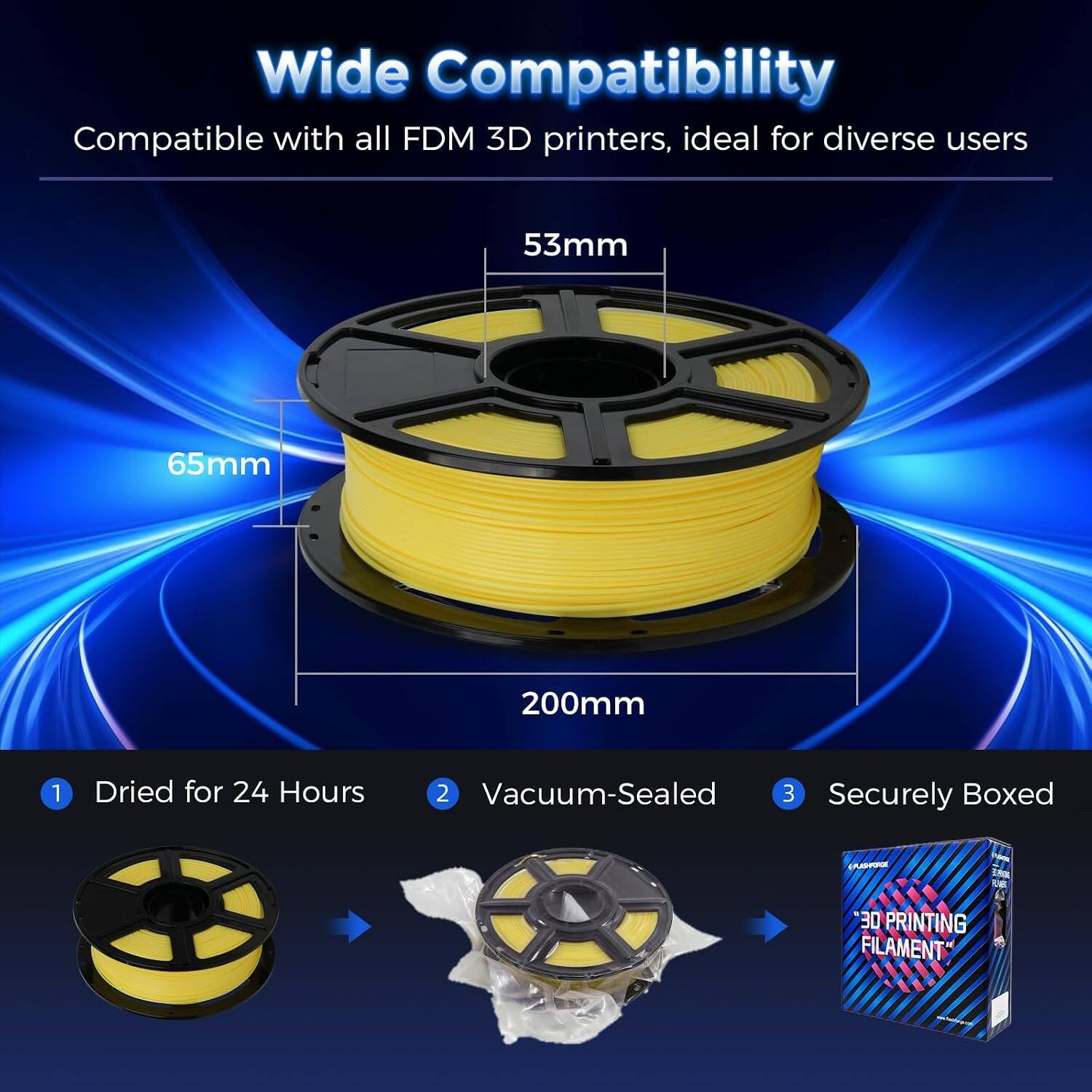 Wide Compatibility  
Compatible with all FDM 3D printers, ideal for diverse users  

53mm  
65mm  
200mm  

1. Dried for 24 Hours  
2. Vacuum-Sealed  
3. Securely Boxed  

3D PRINTING FILAMENT