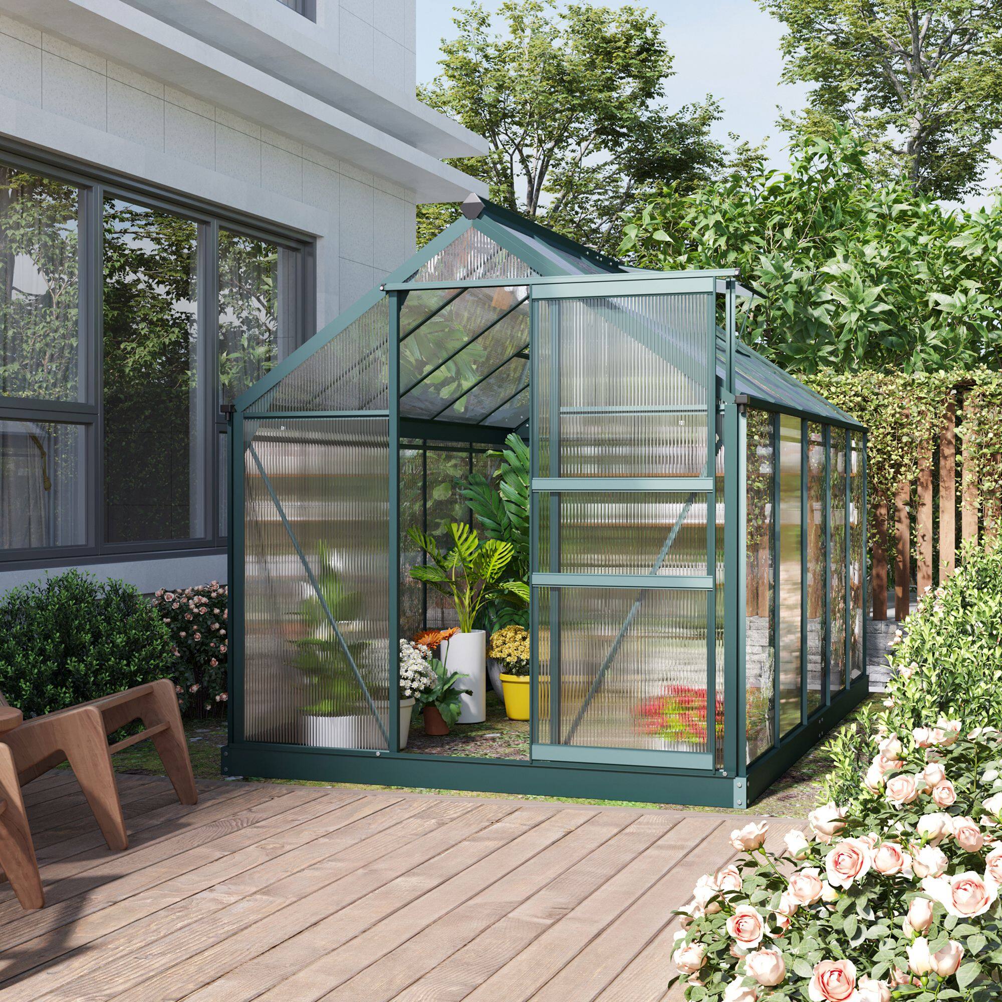 Alt View 1. Outsunny - 6' x 10' Greenhouse for Outdoors, Polycarbonate Greenhouse with Rain Gutter and Roof Vent - Dark Green.