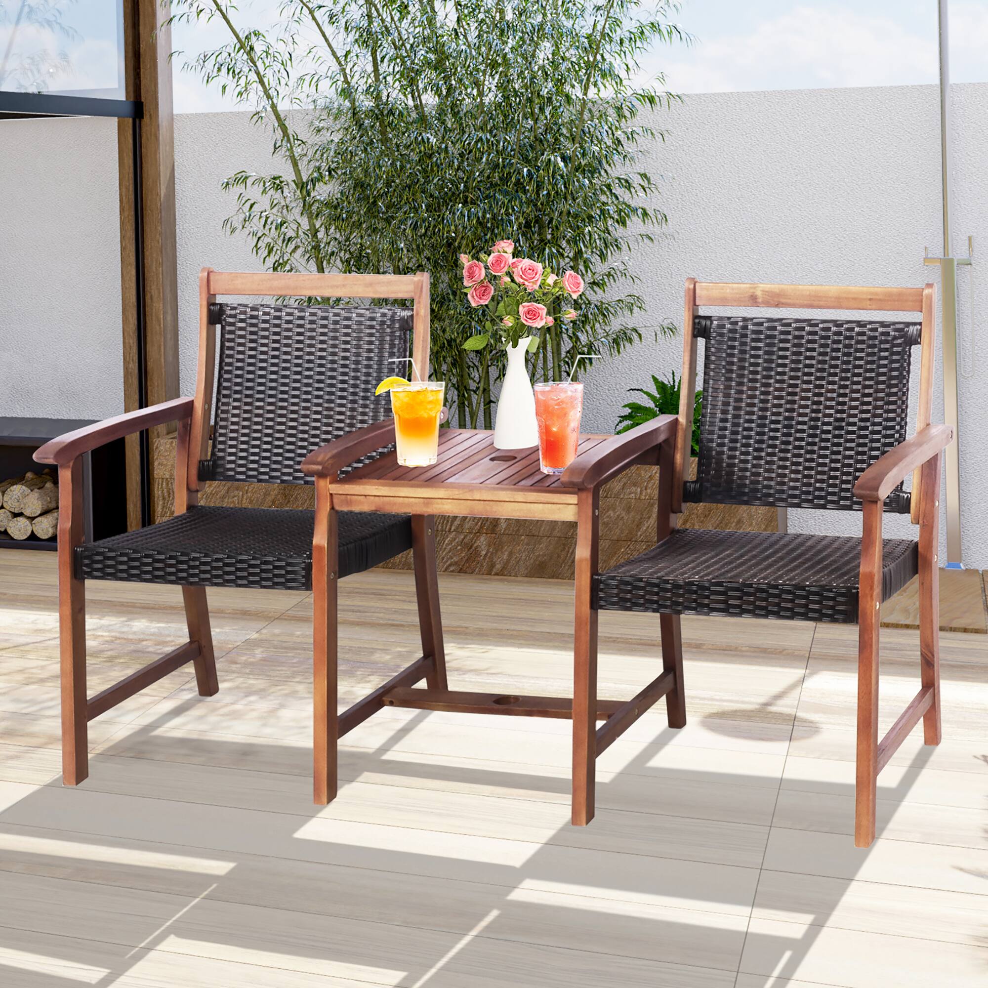 Alt View 1. Costway - Costway 2-Seat Patio Rattan Bench Acacia Wood Frame Table W/Umbrella Hole Deck - Reddish Brown.
