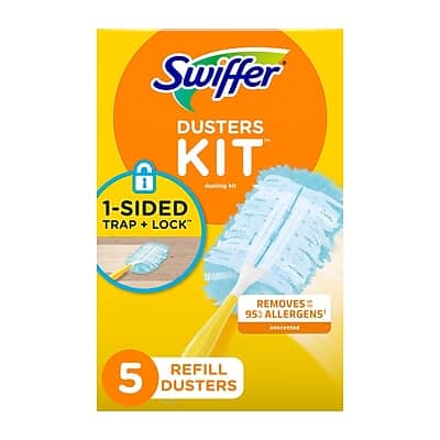 Swiffer Dusters Kit  
1-Sided Trap + Lock  
Removes 95% Allergens*  
5 Refill Dusters  
*Based on Swiffer testing