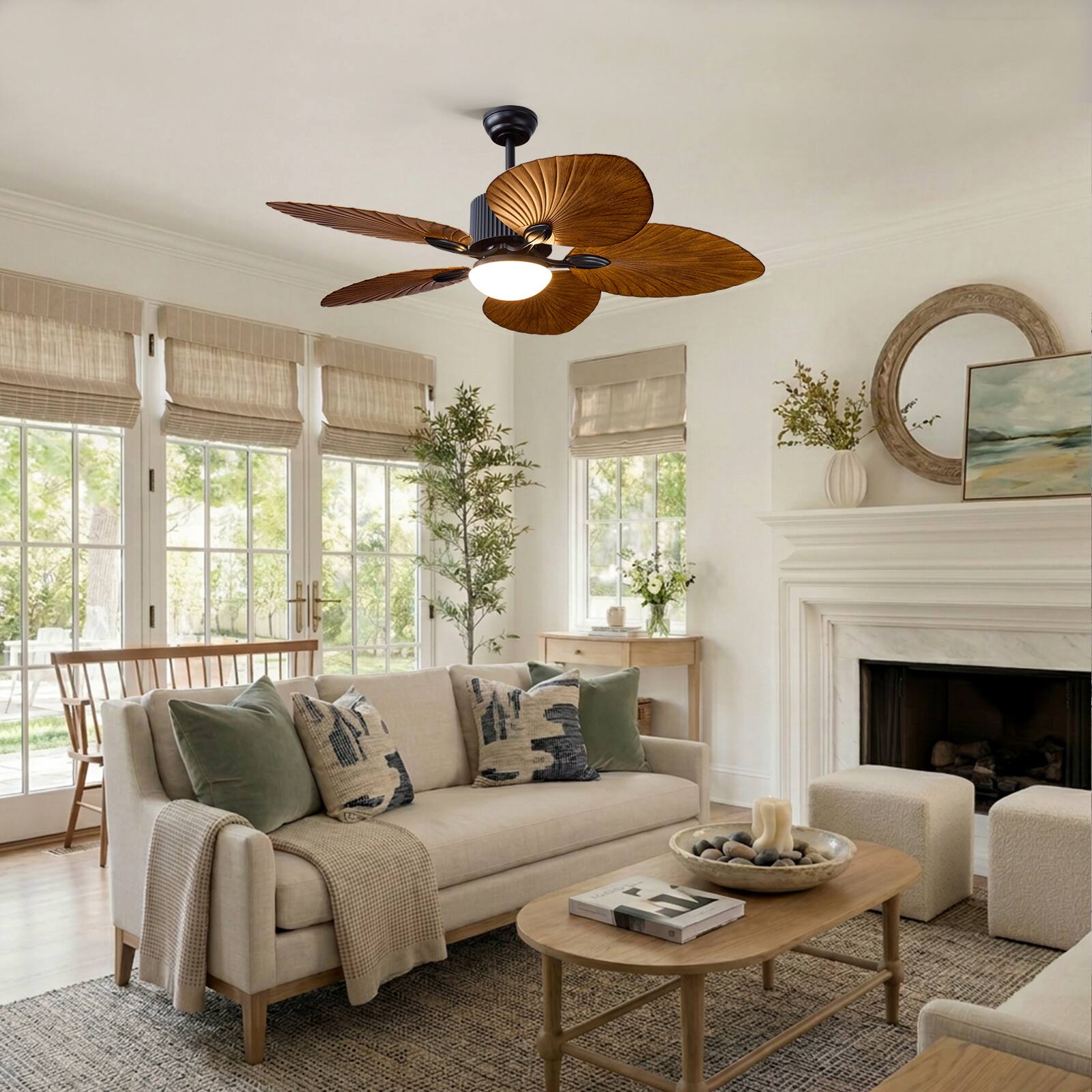 Left. Siljoy - 52 Inch Palm Leaf Ceiling Fan with Light, Leaf-Shaped Blades, Dimmable LED & Remote Control for Tropical Home Decor - Brown.