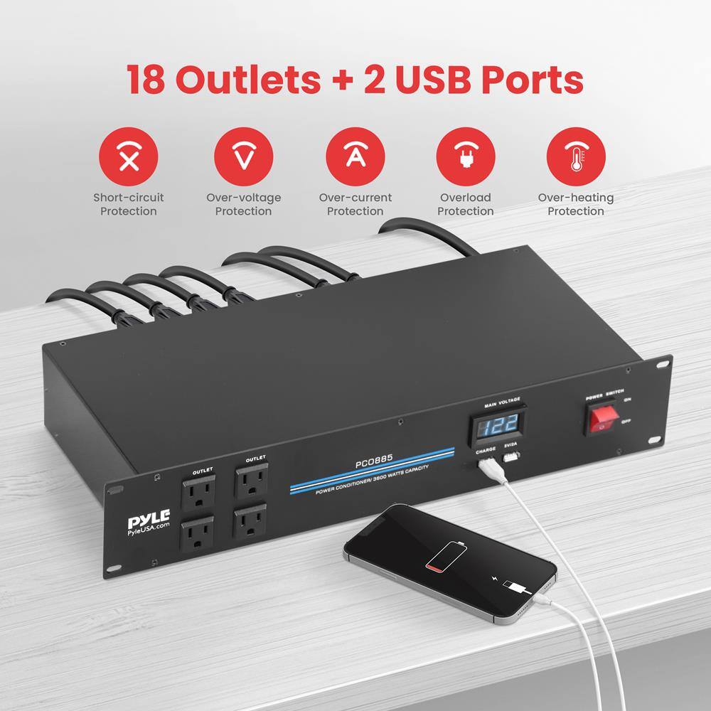 18 Outlets + 2 USB Ports  
Short-circuit Protection  
Over-voltage Protection  
Over-current Protection  
Overload Protection  
Over-heating Protection  

OUTLET  
PYLE  
PyleUSA  
OUTLET  
PCOB85  

CAMLTY  
ATE  
PURER  
COTOES  
- no 122