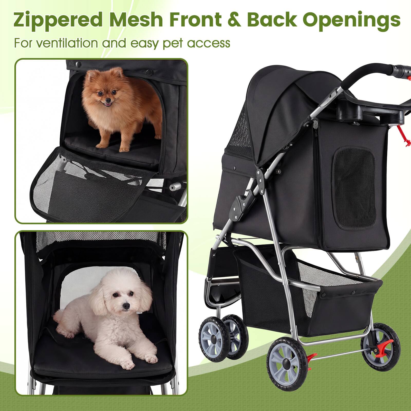 Zippered Mesh Front & Back Openings  
For ventilation and easy pet access