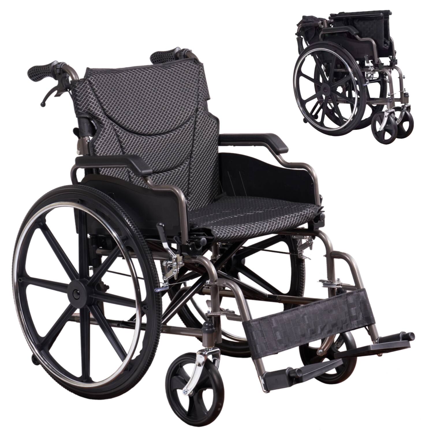 Front. COWLOWN - 18 Inch Seat Folding Manual Transport Wheelchair with Front and Rear Locking Hand Brakes 24 Inch Wheels Nanometer Grey - Dark Gray.