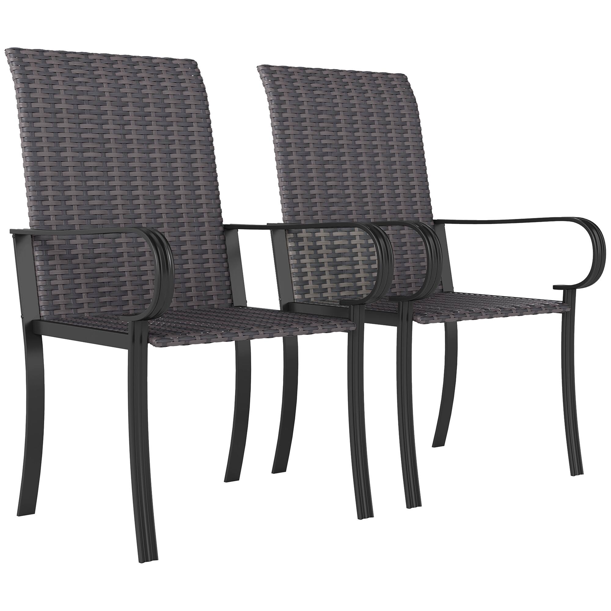 Outsunny - Set of 2 Outdoor Wicker Dining Chairs, All-Weather Rattan Armchairs with Armrests, Steel Frame - Brown