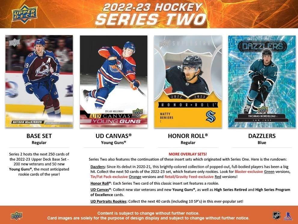 UPPER DECK 2022-23 HOCKEY SERIES TWO SUPENSTAR DAZZLERS 9 A 2022 ESOS NATHAN MACKINNON DYLAR HOLLOWAY UPPER DECK UD CANVAS YOUNG GUNS HONOR ROLL MATTY BENIERS THOMAS BORDELAU JUS. BASE SET Regular UD CANVAS Young Guns HONOR ROLL Regular DAZZLERS Blue Series hosts the next 250 cards of the 2022-23 Upper Deck Base Set - 200 new veterans and 50 new Young Guns, the most anticipated rookie cards of the year! MORE OVERLAY SETS! Series Two also features the continuation of these insert sets which originated with Series One. Here is the rundown: Dazzlers: Since its debut in 2020-21, this brightly-colored collection of popped-out, full-bodied players has been a big hit. Collect the next 50 cards of the 2022-23 set, which feature only rookies. Look for Blaster-exclusive Green versions, Tin/Fat Pack-exclusive Orange versions and Retail/Gravity Feed-exclusive Red