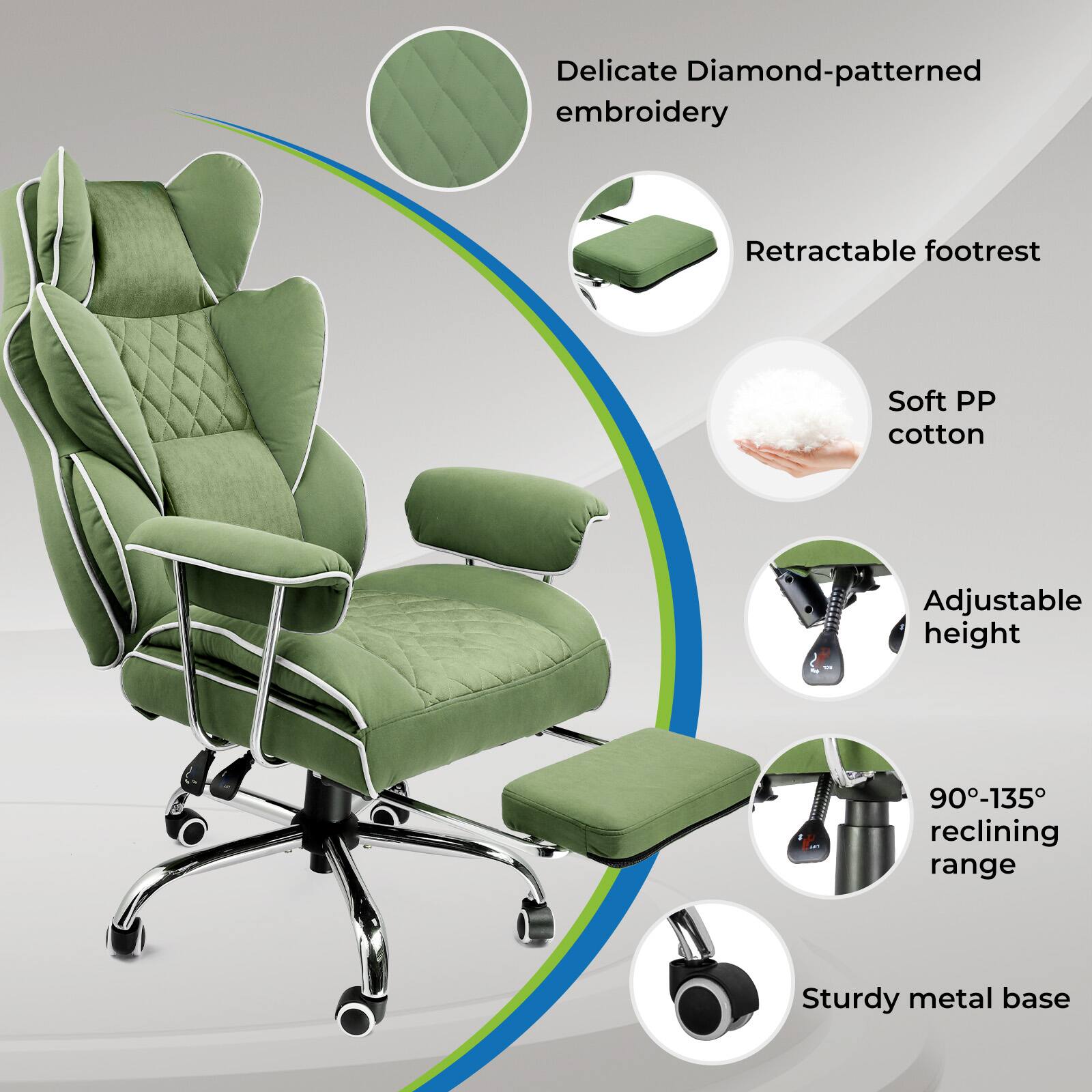 - Delicate Diamond-patterned embroidery
- Retractable footrest
- Soft PP cotton
- Adjustable height
- 90°-135° reclining range
- Sturdy metal base