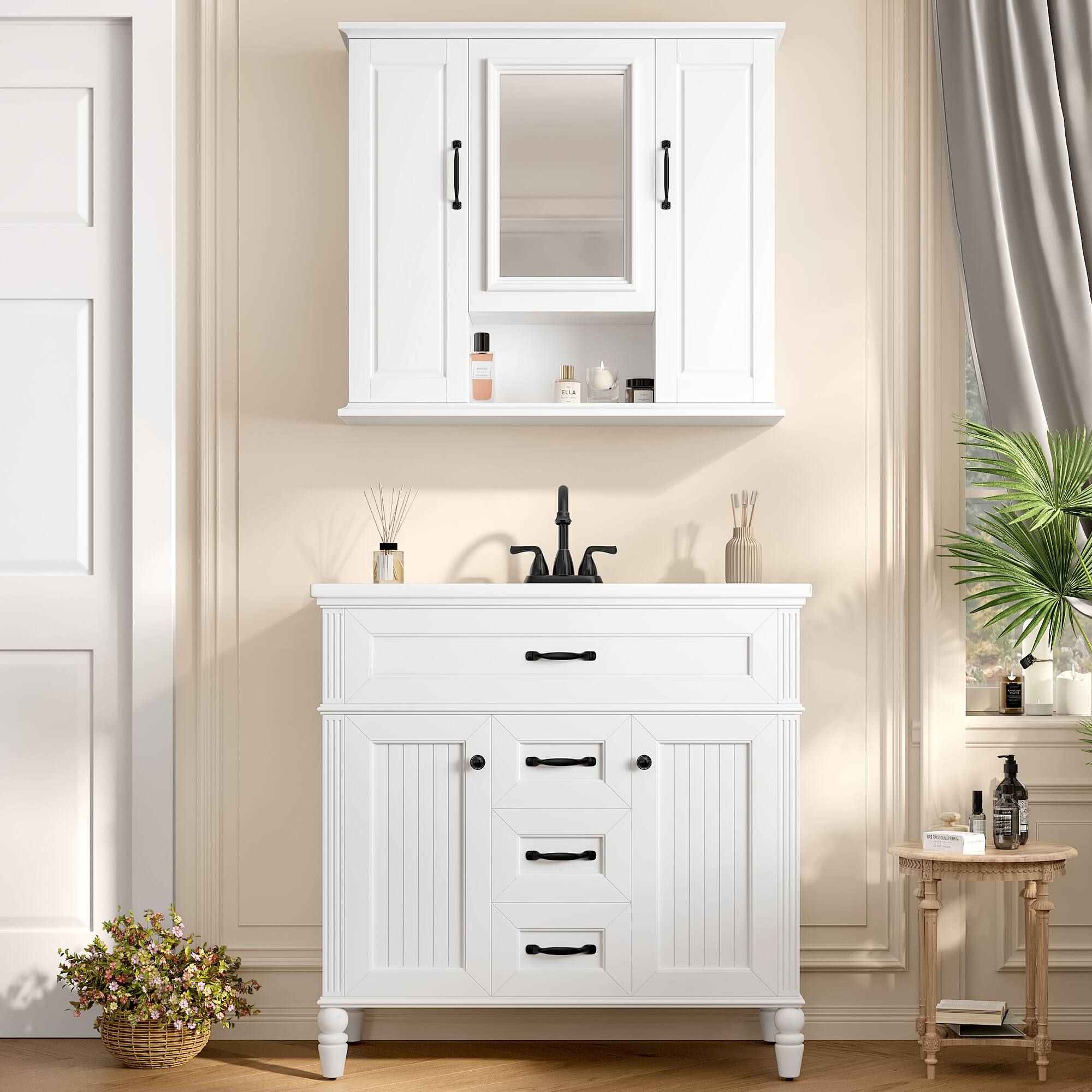 Left. TinyHomie - 36in Medicine Cabinet Wall Mounted Storage Cabinet with Mirror Mirror Cabinet with 3 Doors Not Include Bathroom Vanity - White.
