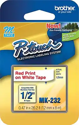 Brother at your side
Now! Eco-Friendly Packaging
Using 2/3 less plastic than before
M Tape
Petouch® Electronic Labeling System
Red Print on White Tape
Actual Tape Width: 12mm
Compatible with Machines That Use 1/2" M Tapes
MK-232
0.47 in x 26.2 ft (12 mm x 8 m)