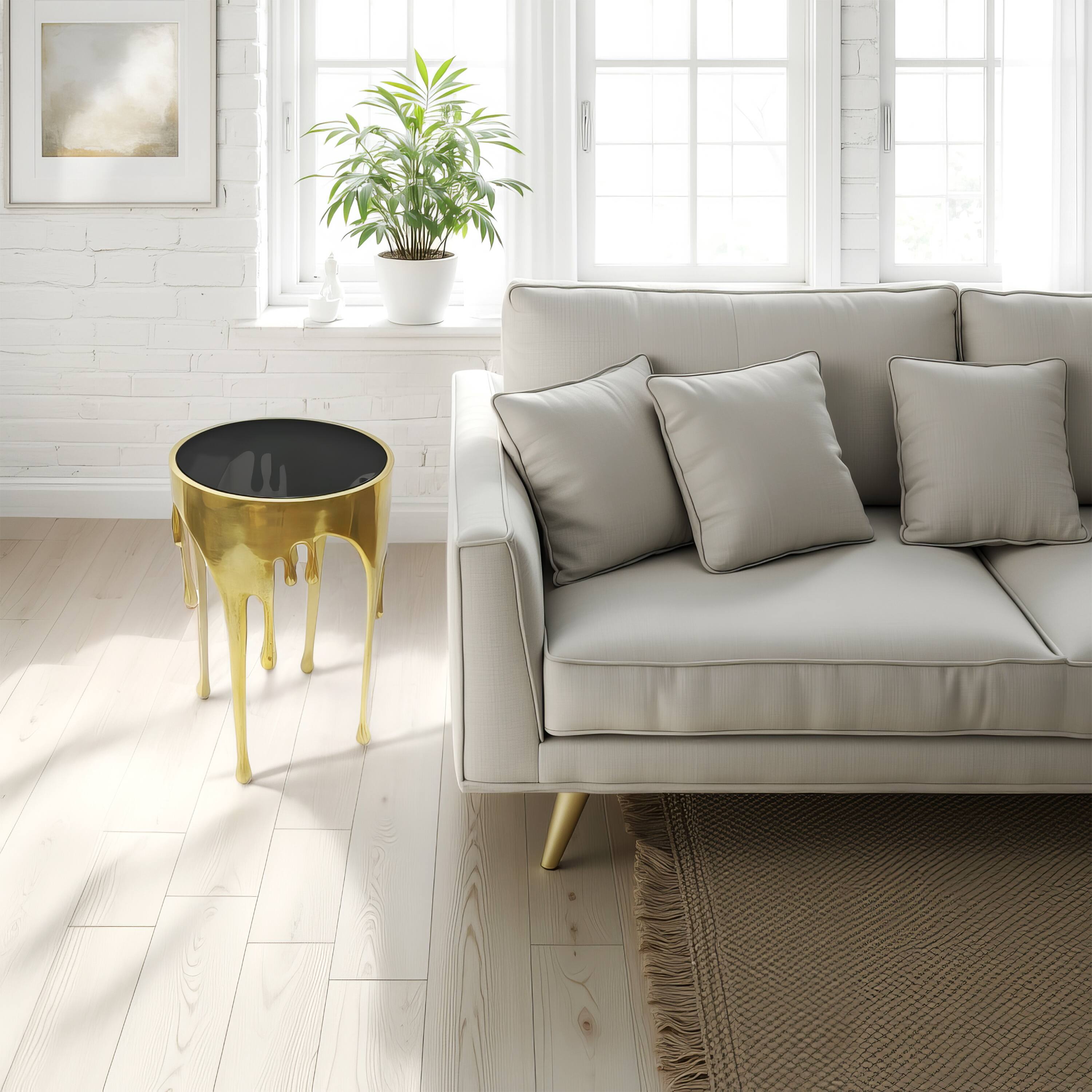 Alt View 9. Manhattan Lane - Capri Side End Table | 24.75 Inch Round Glass Top | Melting Drip Design - Gold, Black.