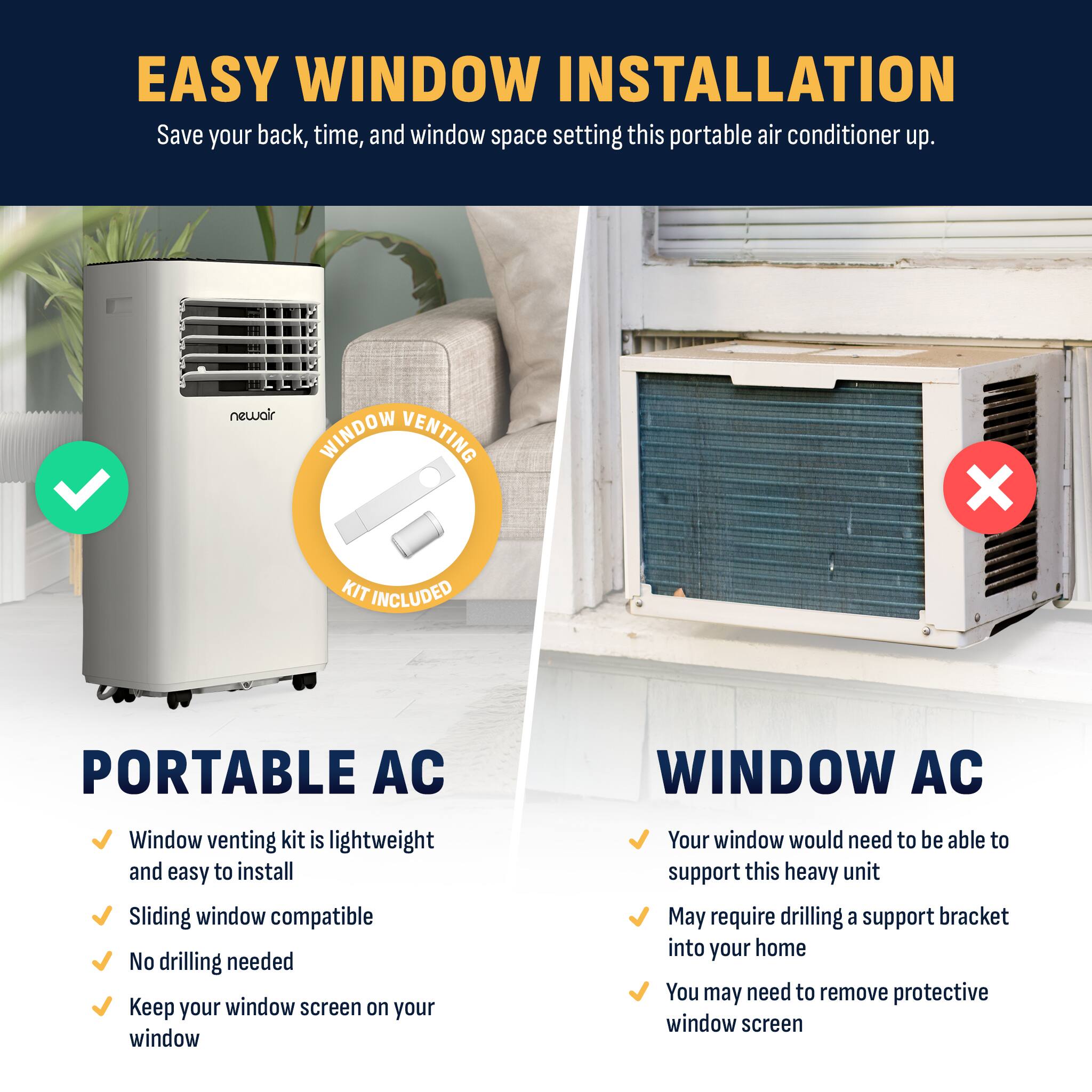 EASY WINDOW INSTALLATION
Save your back, time, and window space setting this portable air conditioner up.

PORTABLE AC
Window venting kit is lightweight and easy to install
Sliding window compatible
No drilling needed
Keep your window screen on your window

WINDOW AC
Your window would need to be able to support this heavy unit
May require drilling a support bracket into your home
You may need to remove protective window screen