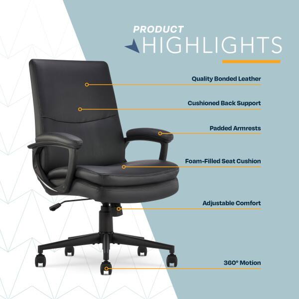 PRODUCT HIGHLIGHTS  
- Quality Bonded Leather  
- Cushioned Back Support  
- Padded Armrests  
- Foam-Filled Seat Cushion  
- Adjustable Comfort  
- 360° Motion