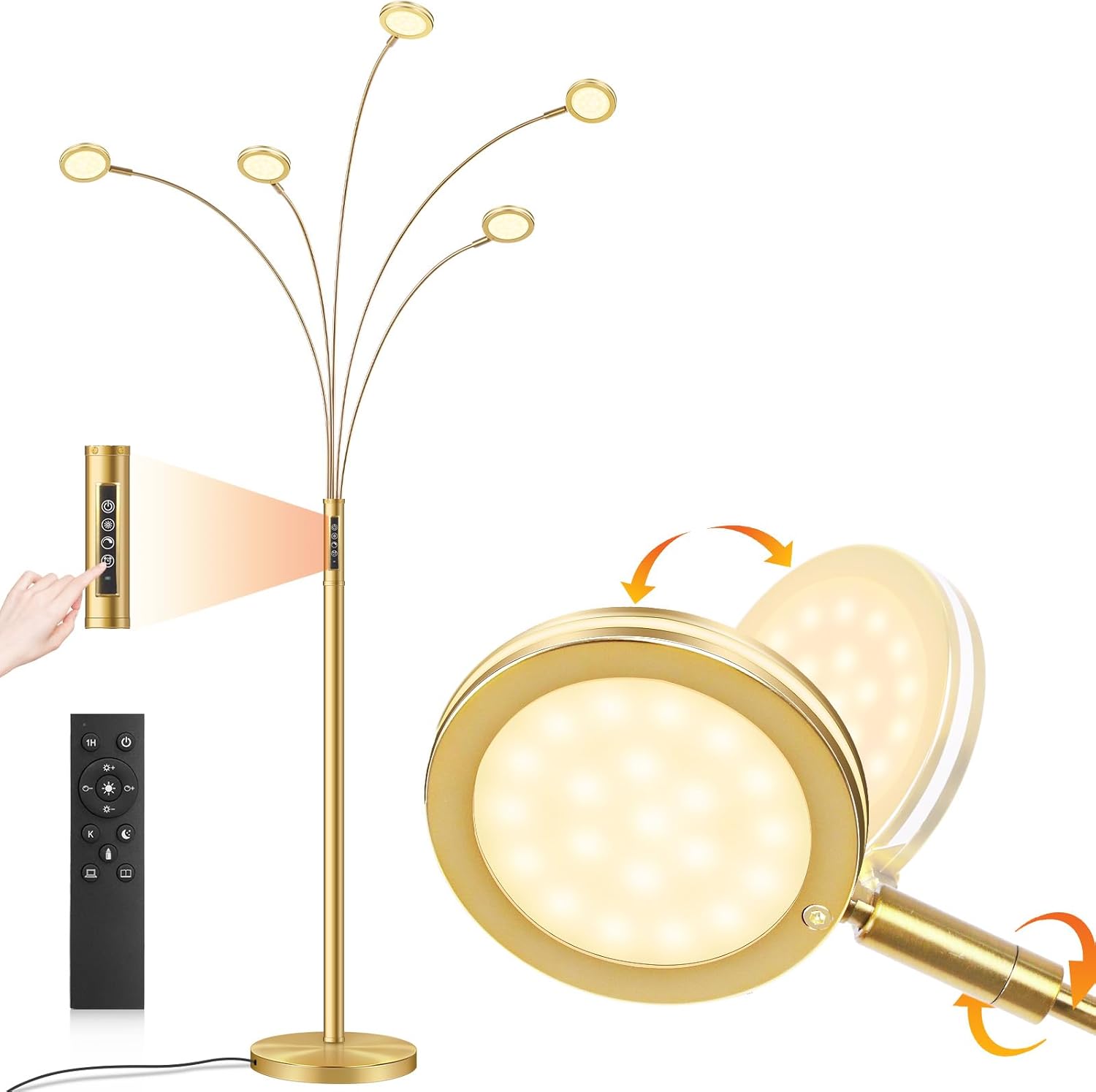 Front. Nordic Hygge - LED Arc Floor Lamp with Remote, 2250LM Dimmable Gold Floor Lamp with Timer, Adjustable Colors, Brightness & 5 Arms - Gold.