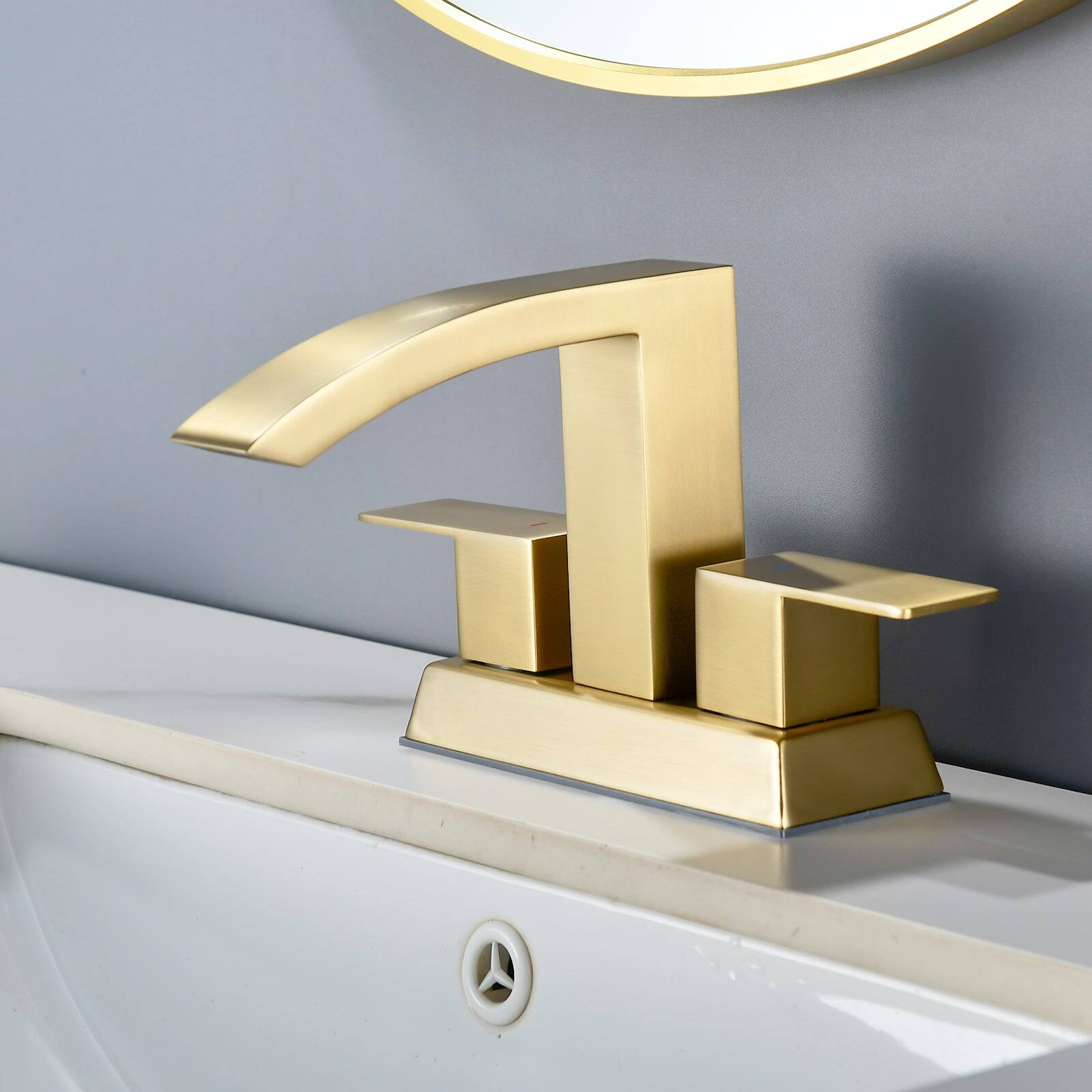 Alt View 2. Boyel Living - Brushed Gold 4 Inch Centerset Faucet SUS304 Waterfall Spout 1.2GPM Dual Handle Pop Up Drain - Brushed Gold.