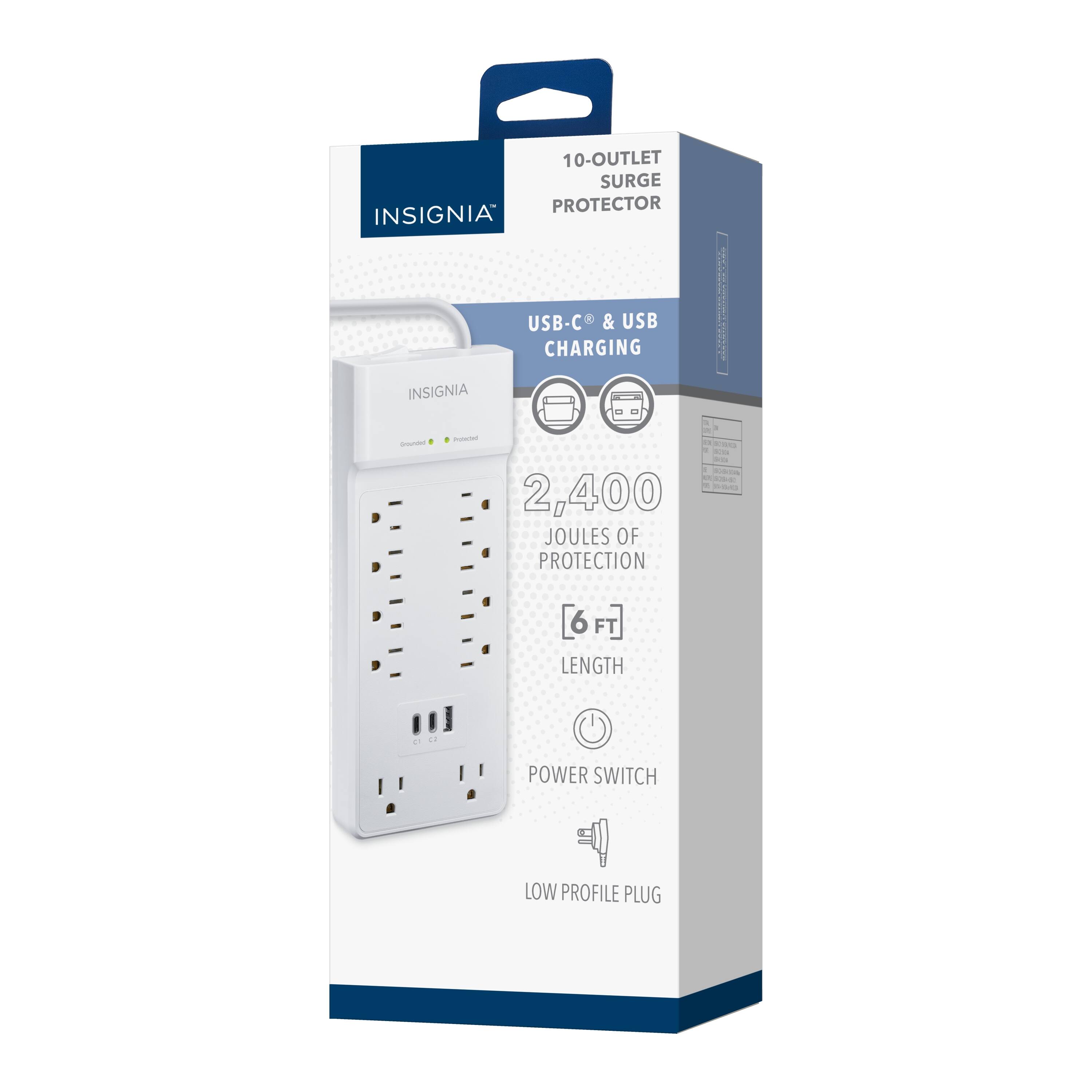 10-Outlet Surge Protector  
Insignia USB-C & USB Charging  
2,400 Joules of Protection  
6 ft Length  
Power Switch  
Low Profile Plug