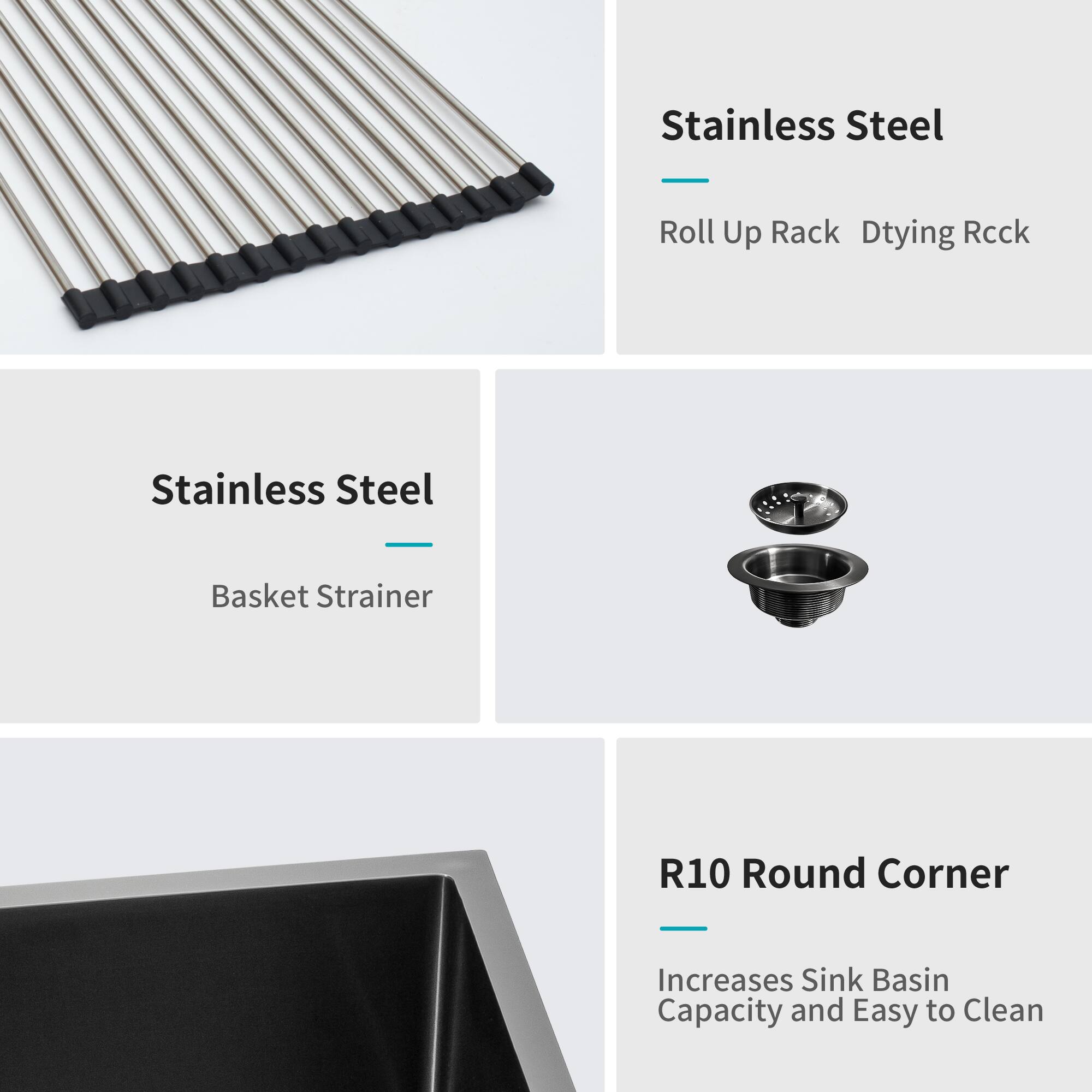 Stainless Steel Roll Up Rack Drying Rack Stainless Steel - Basket Strainer R10 Round Corner Increases Sink Basin Capacity and Easy to Clean
