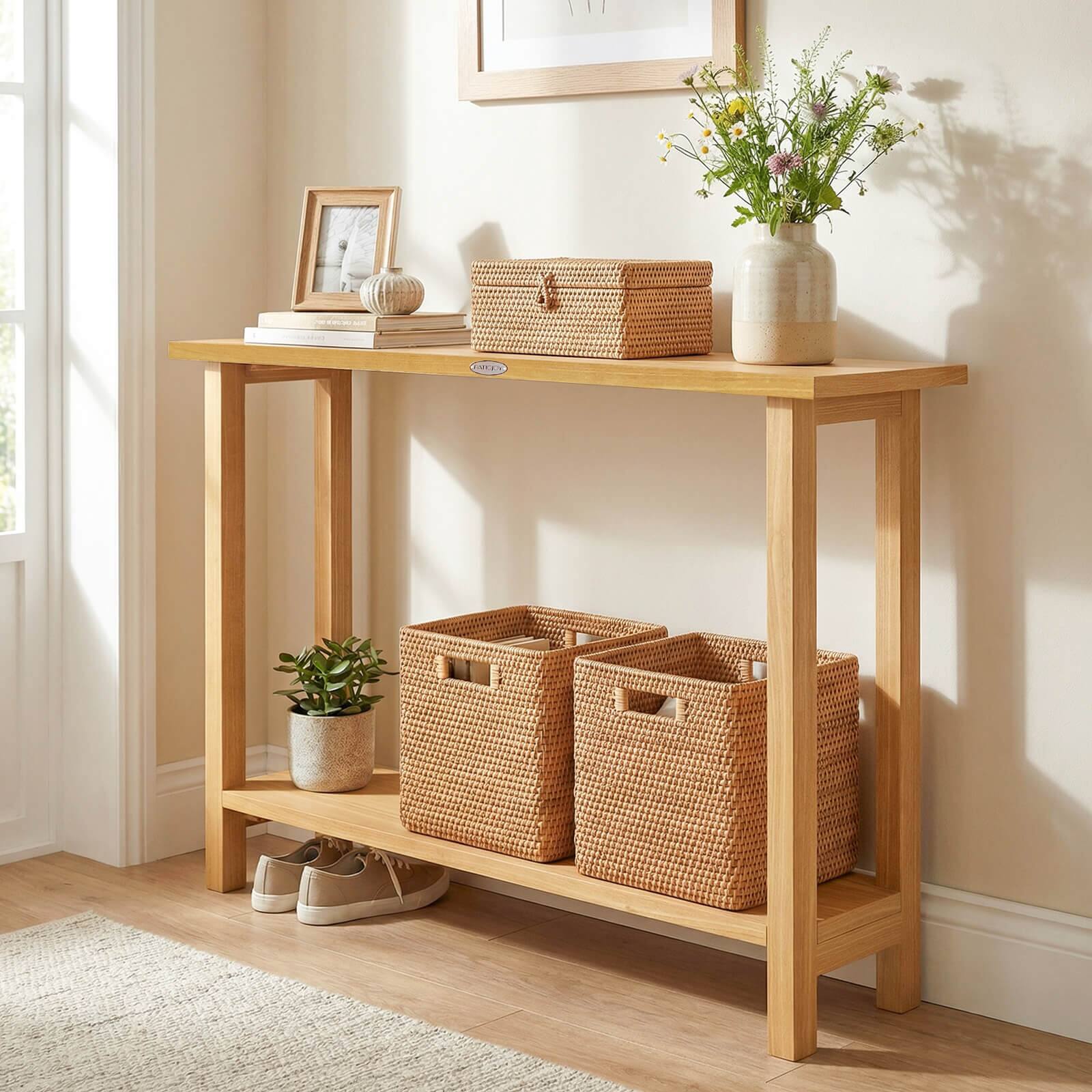 Alt View 3. Costway - Costway 47"Solid Wood Console Table,2-Tier Narrow Farmhouse Sofa Table with Teak Wood Frame - Natural.