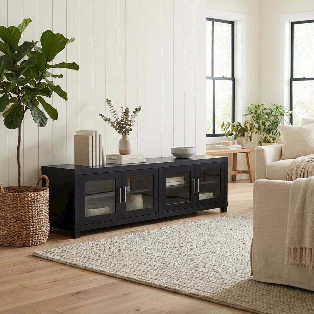 Alt View 2. FurniFact - Black engineered wood TV stand, 4 doors, modern design,, durable materials - Brown.