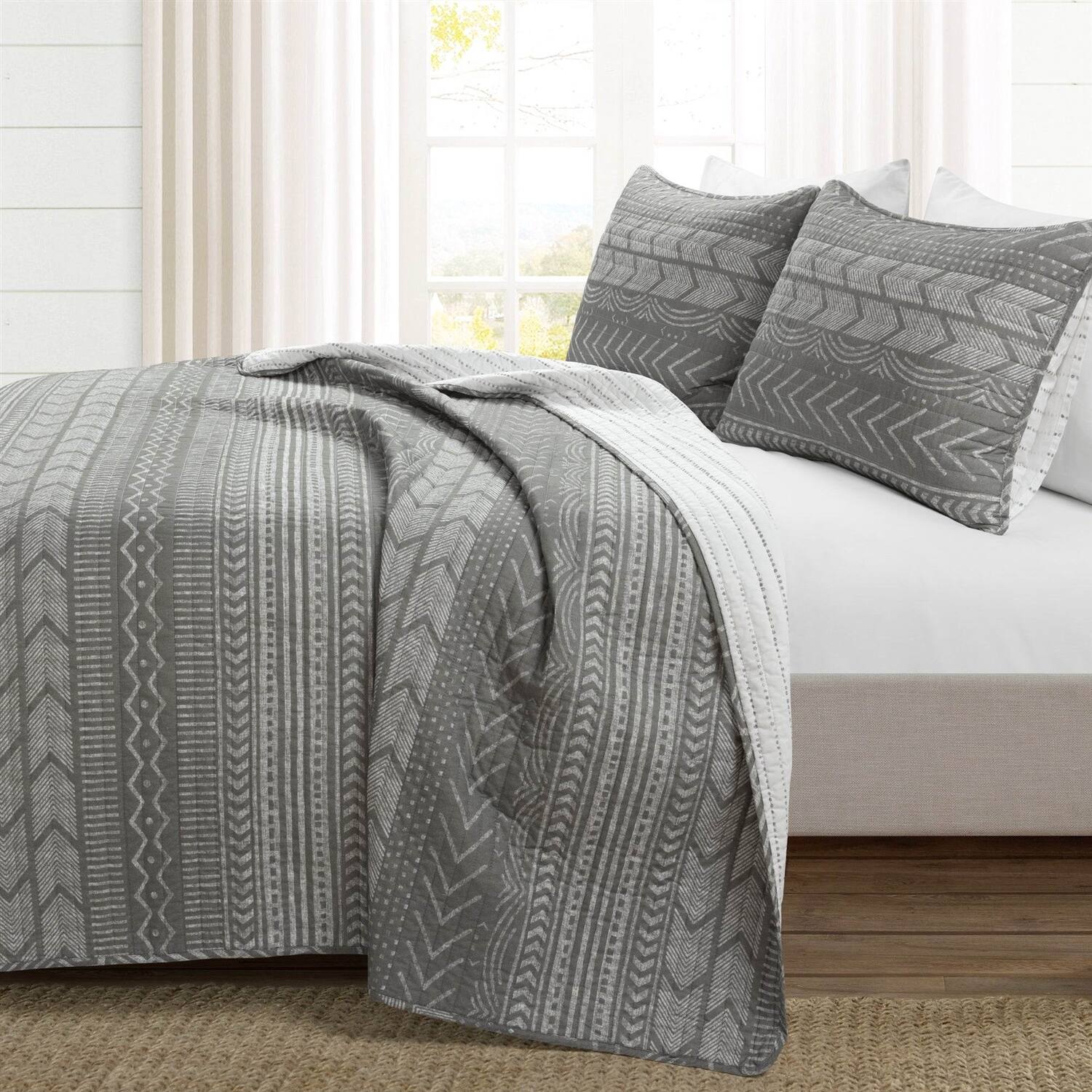 Angle. SlickBlue - Scandinavian Chevron Stripe Reversible Cotton Quilt Set for Bedroom - Dark Grey.
