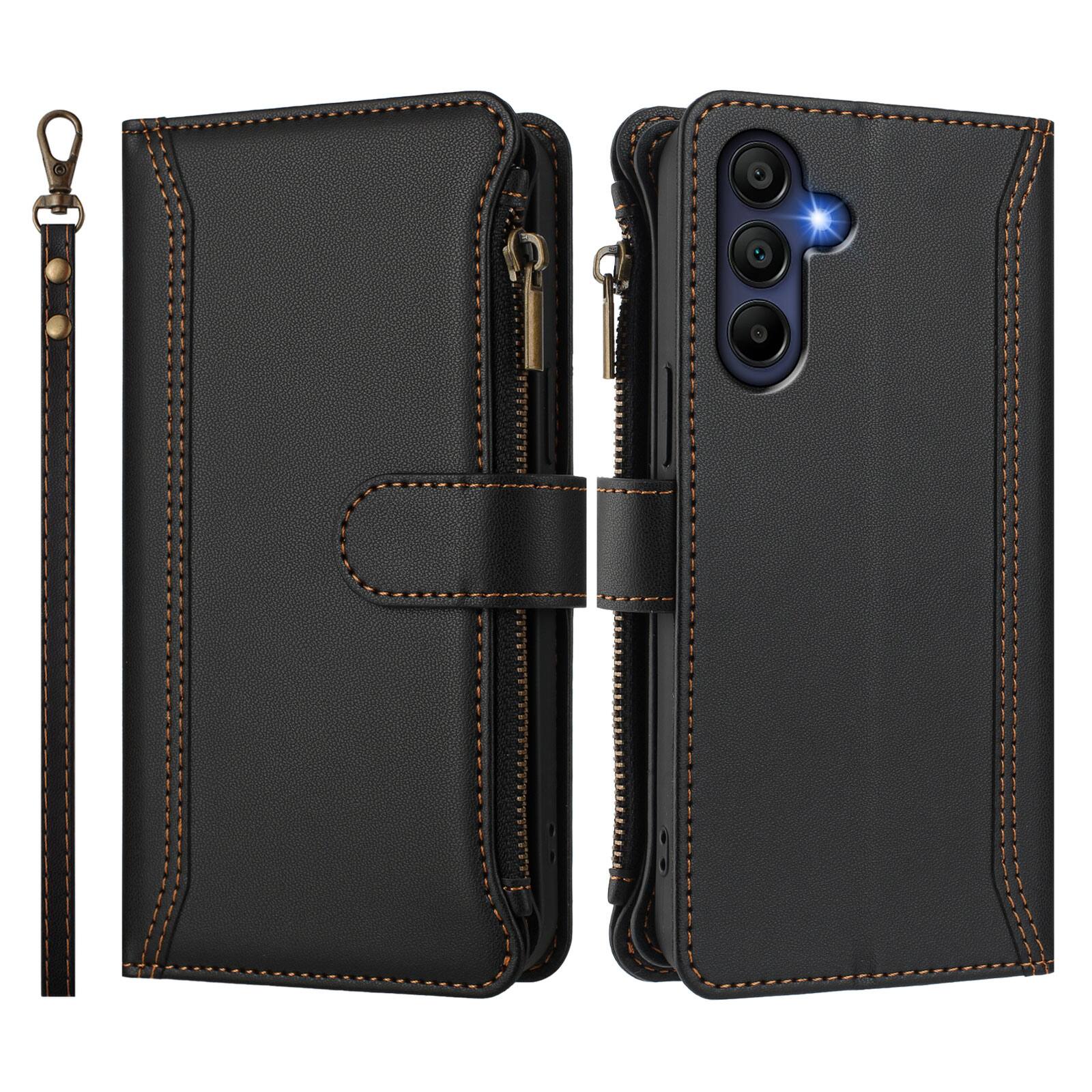 Angle. UUCOVER - Wallet Case for Samsung Galaxy A17 5G with Zipper Pocket, Cash Card Slots, Wrist and Shoulder Strap, Flip Stand Cover - Black.