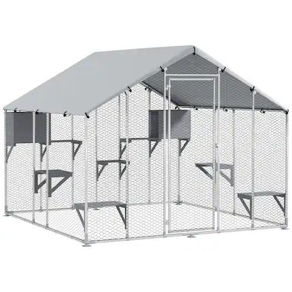 Front. Pawhut - Catio Outdoor Cat Enclosure, 94.5" Extra Large Walk-in Cat House with Waterproof Cover, 2 Resting Boxes, 7 Platforms.