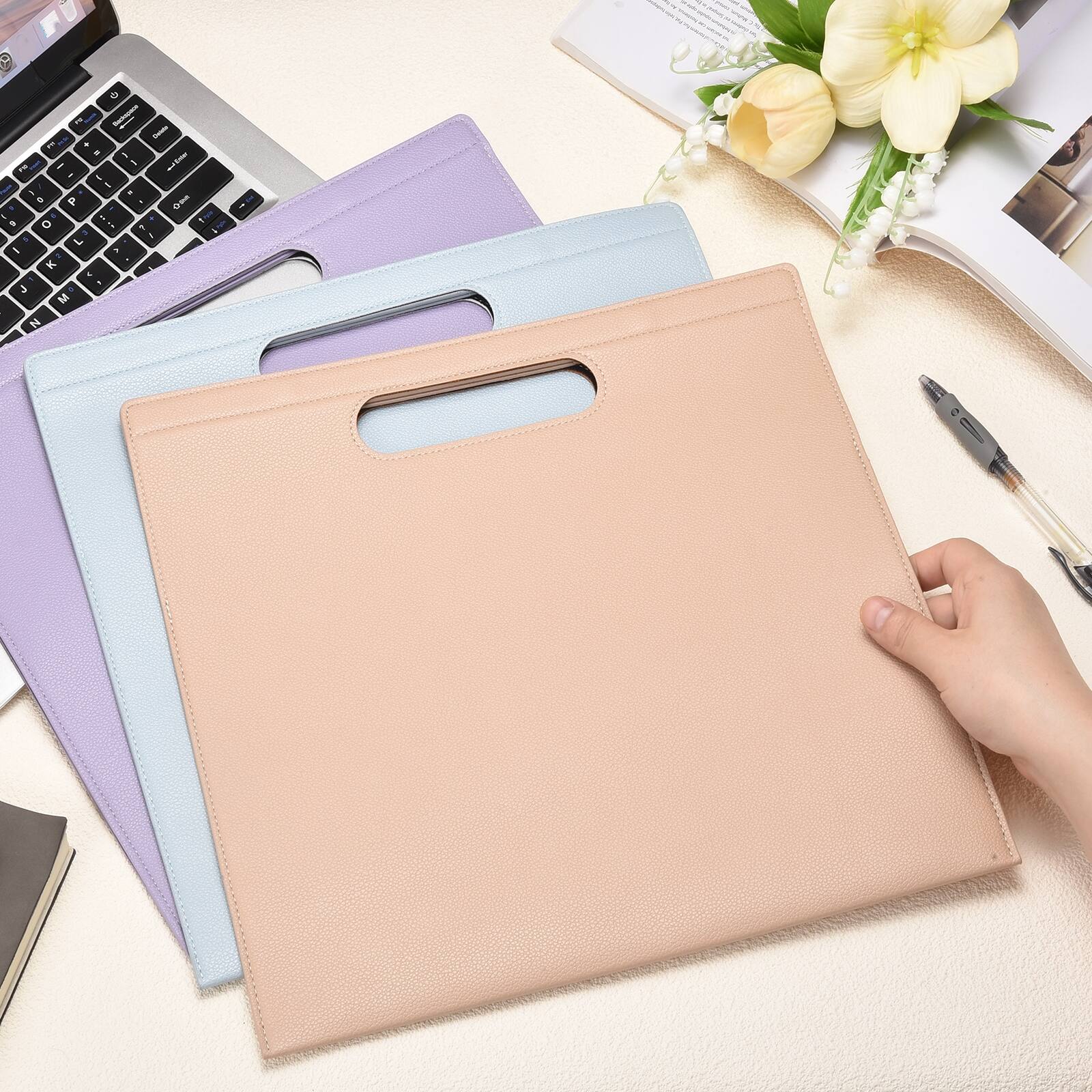 Alt View 3. Unique Bargains - Leather Folder, 13.3x12.6" Magnetic Leather Document Holder PU Pouch Bag Portfolio Organizer Waterproof for Travel - Black.