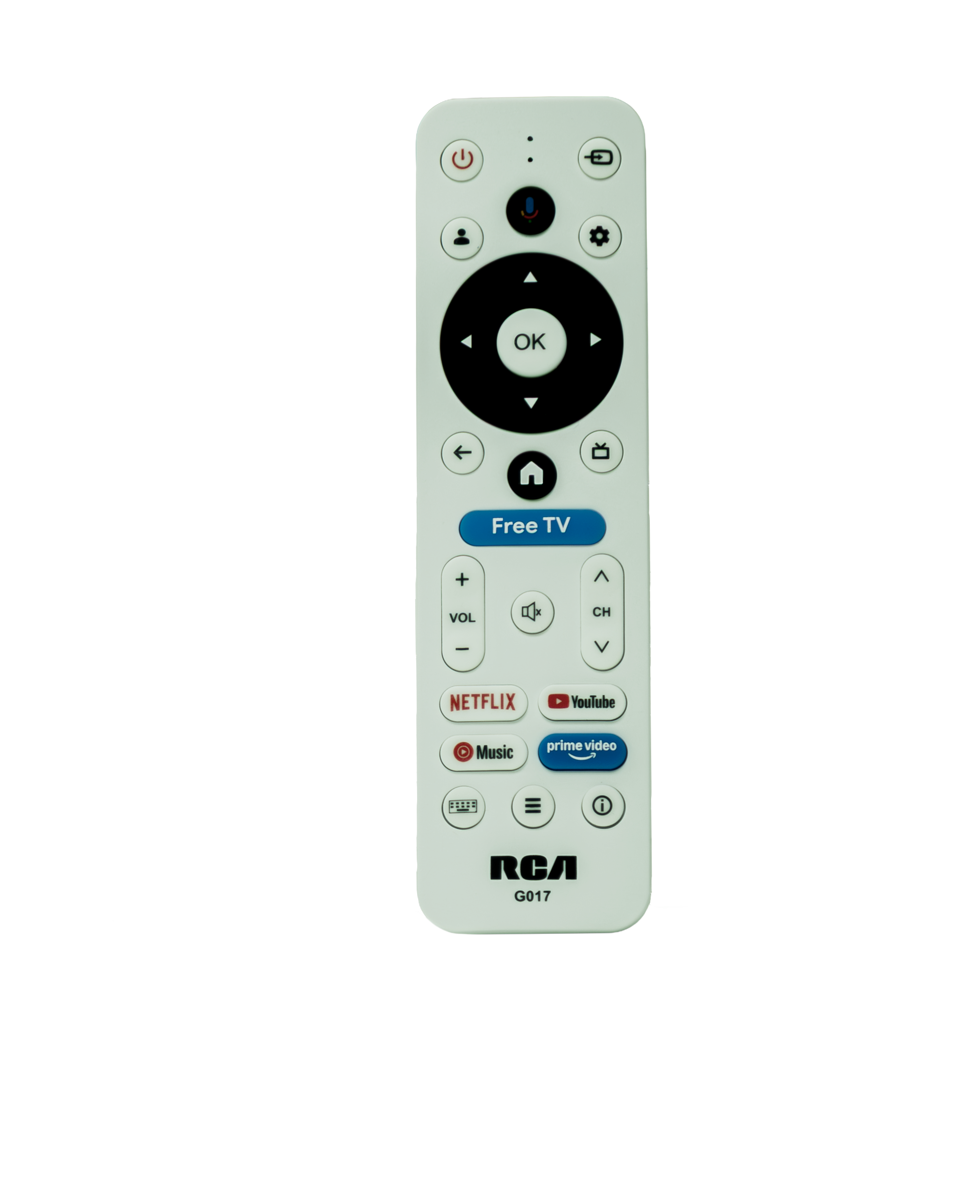 OK Free TV + VOL CH I NETFLIX YouTube Music prime video T: RCA G017