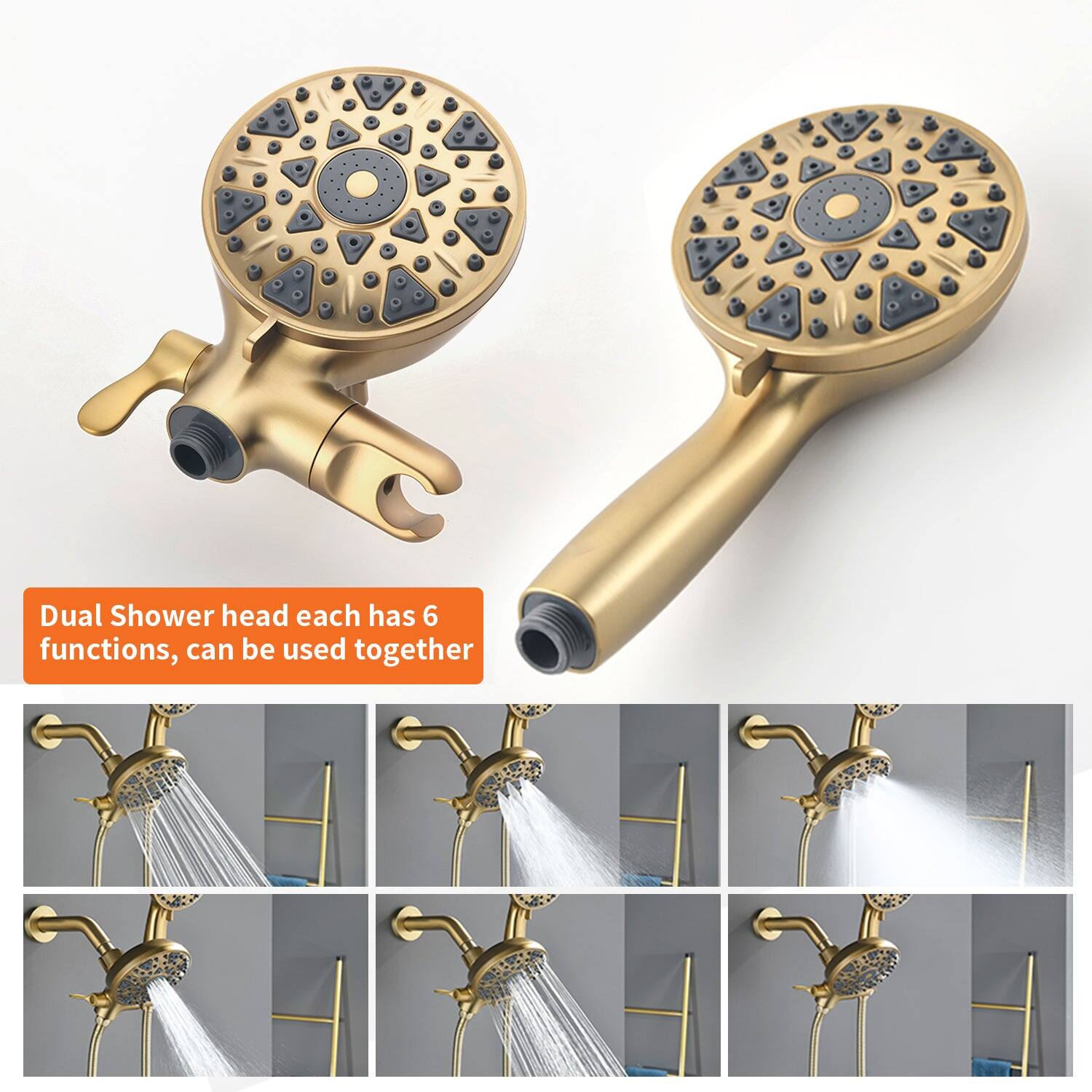 Dual Shower head each has 6 functions, can be used together