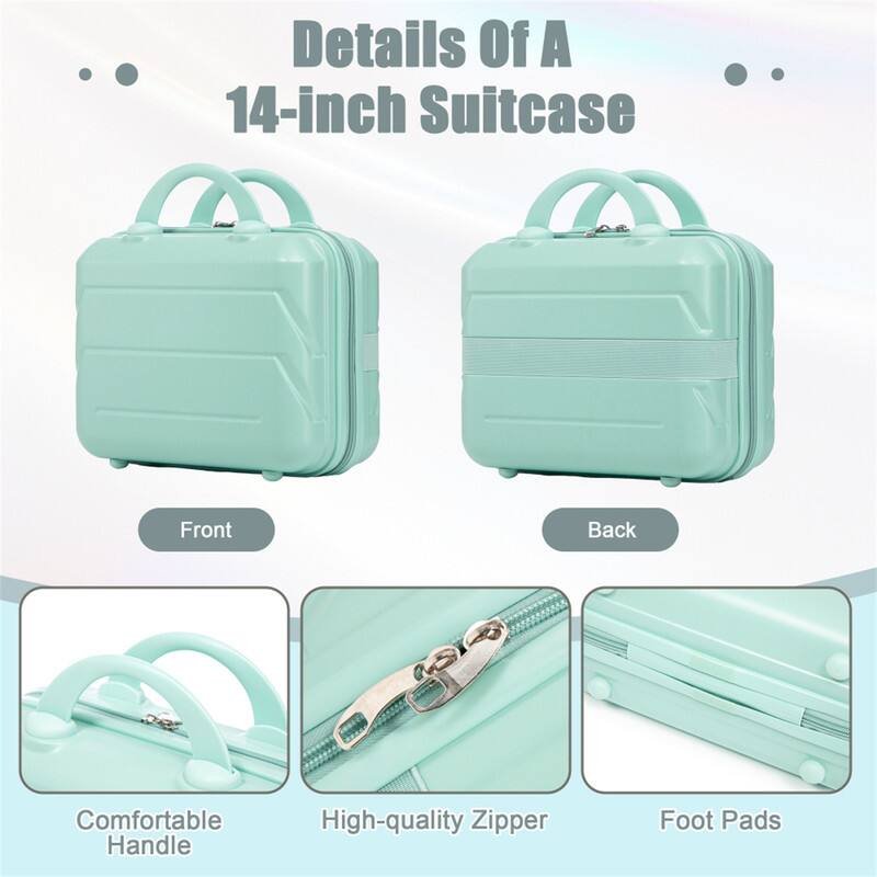 Details Of A 14-inch Suitcase

Front Back

Comfortable Handle High-quality Zipper Foot Pads