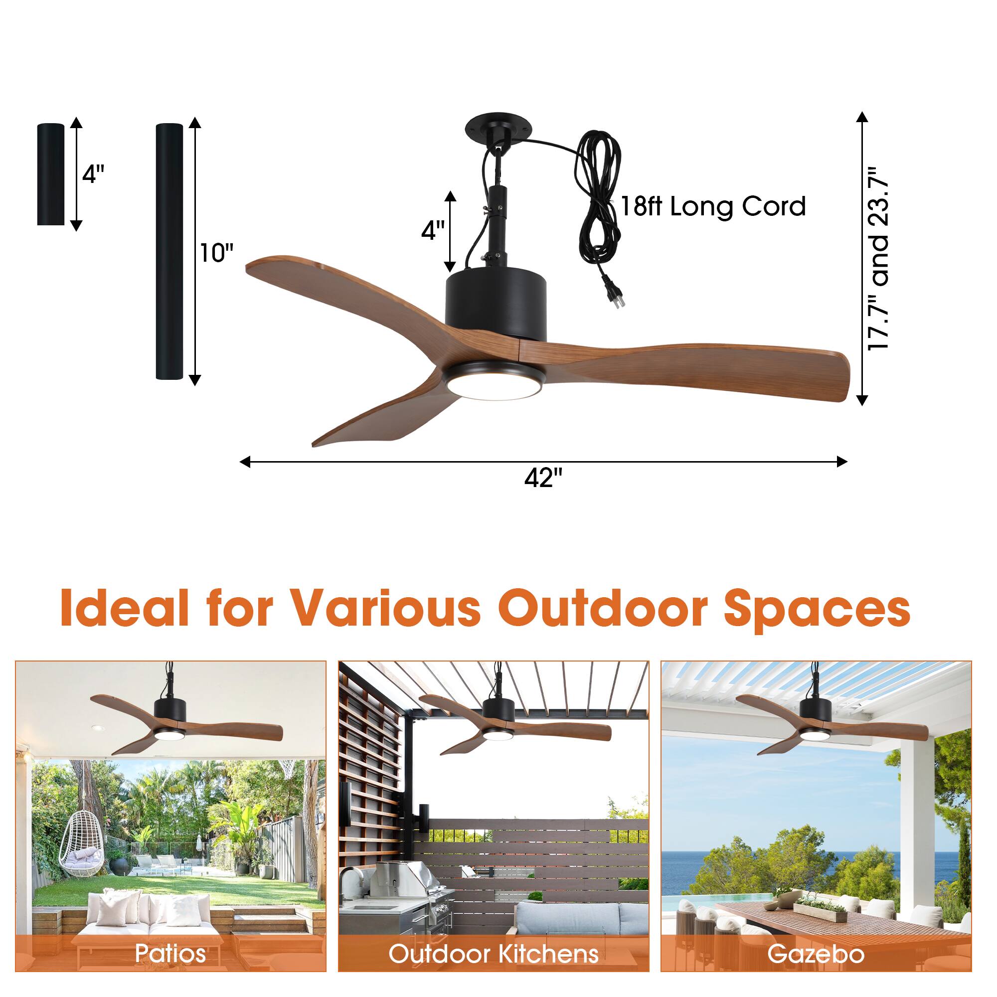 4" 10" 4" 18ft Long Cord 7.7" and 23.7" 42" Ideal for Various Outdoor Spaces Patios Outdoor Kitchens Gazebo