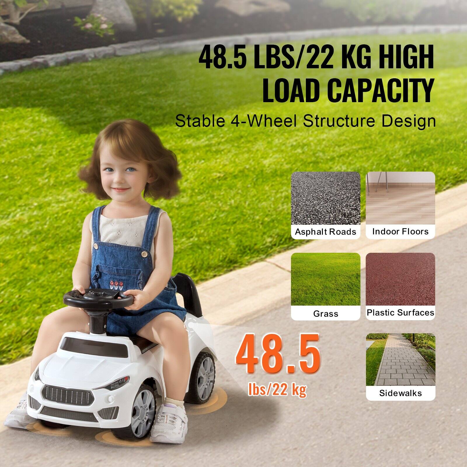 48.5 LBS/22 KG HIGH LOAD CAPACITY  
Stable 4-Wheel Structure Design  

Asphalt Roads  
Indoor Floors  
Grass  
Plastic Surfaces  
Sidewalks  

48.5 lbs/22 kg