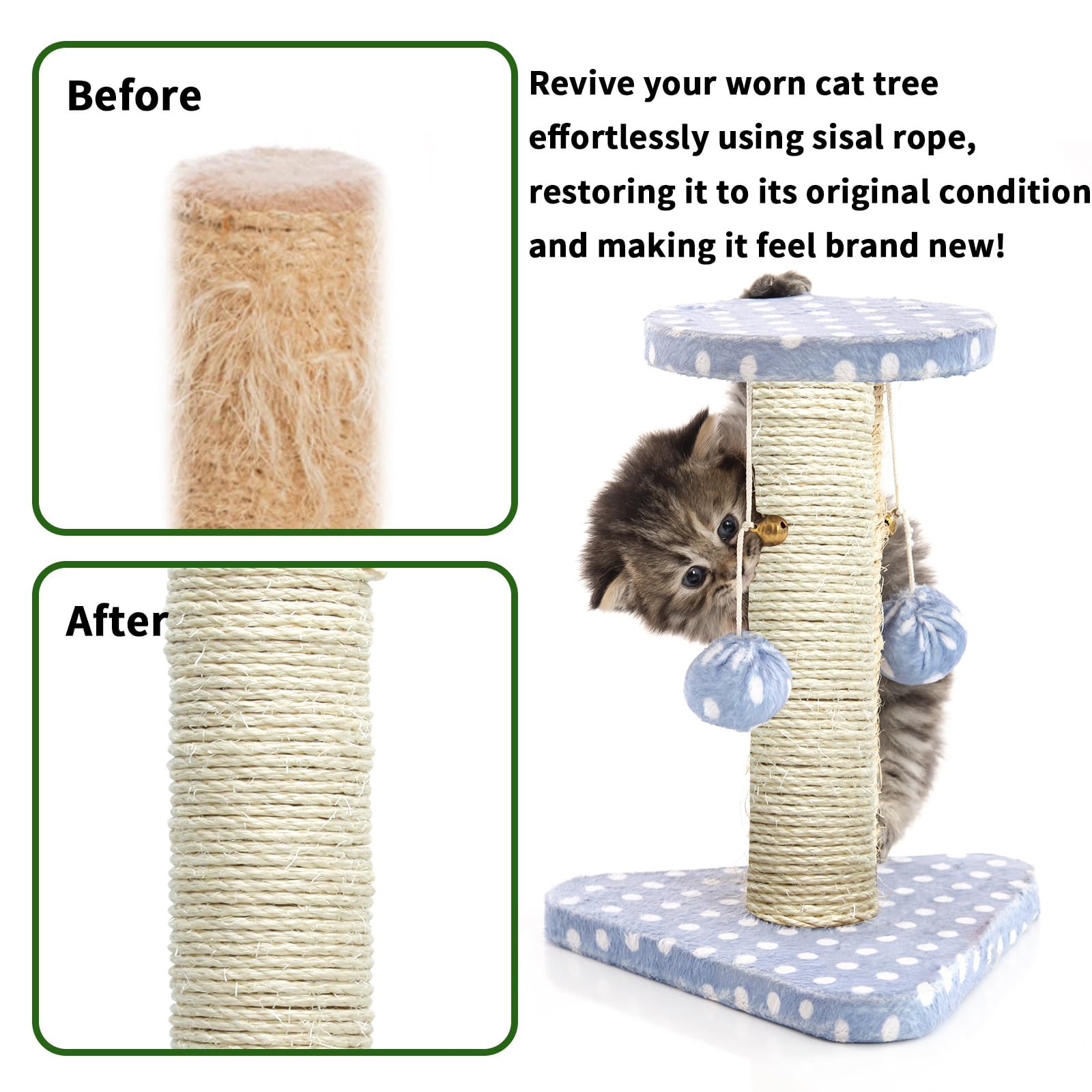 Before

Revive your worn cat tree effortlessly using sisal rope, restoring it to its original condition and making it feel brand new!

After