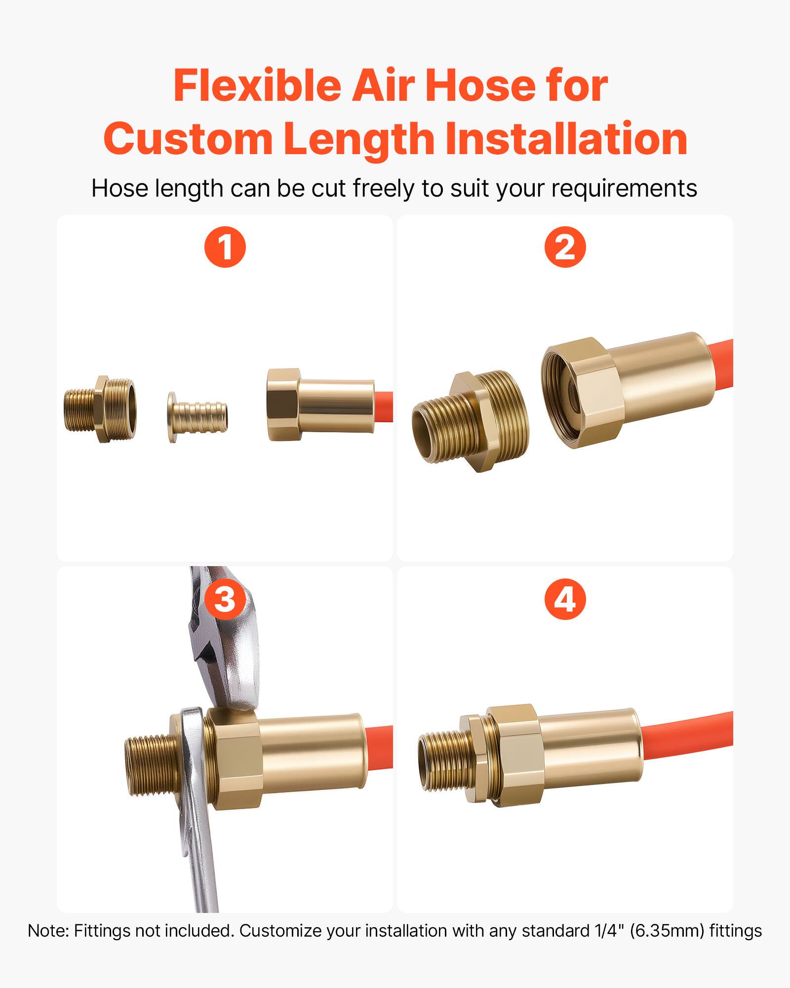 Flexible Air Hose for Custom Length Installation  
Hose length can be cut freely to suit your requirements  

1.  
2.  
3.  
4.  

Note: Fittings not included. Customize your installation with any standard 1/4" (6.35mm) fittings