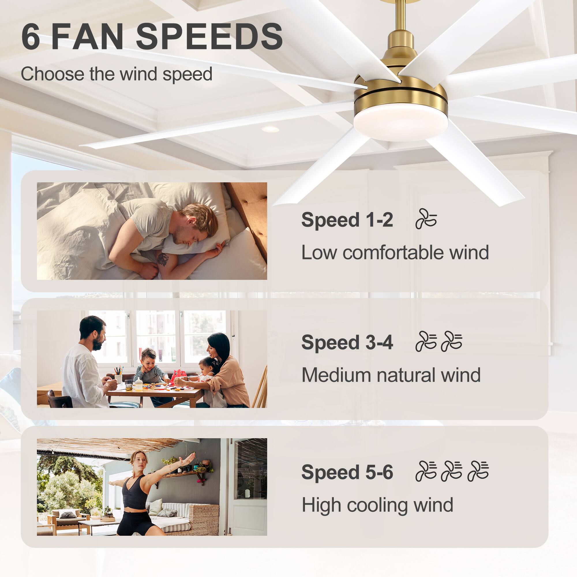 6 FAN SPEEDS  
Choose the wind speed

Speed 1-2  
Low comfortable wind

Speed 3-4  
Medium natural wind

Speed 5-6  
High cooling wind
