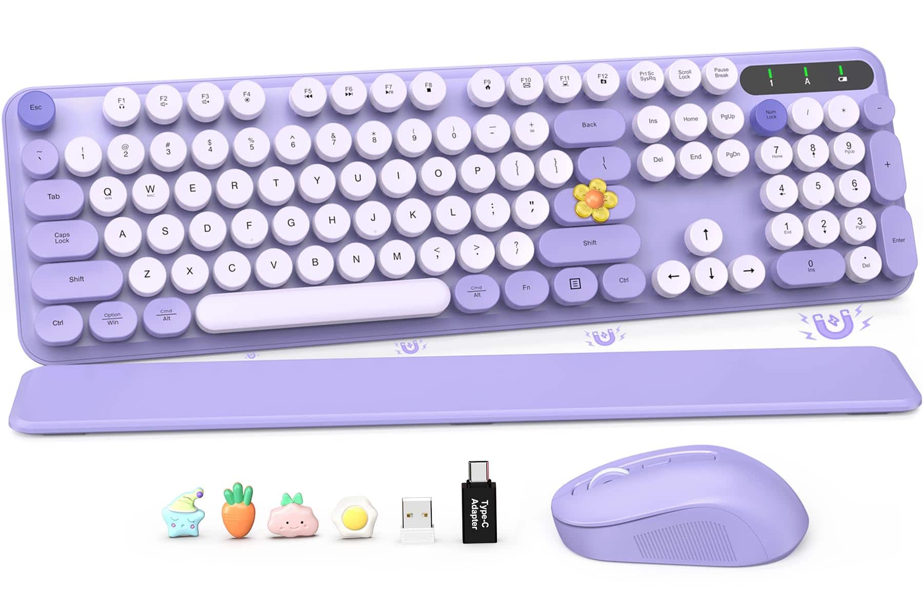 PARKER SLATER - Wireless And Mouse Combo Cute Round Keycaps Full-size Retro Typewriter With Detachable Wrist Rest 2.4ghz Cordless - Forgotten Purple