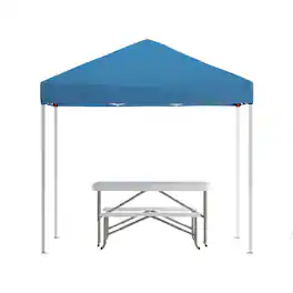 Flash Furniture - Kramer 8'x8' Blue Pop Up Event Canopy Tent with Carry Bag and Folding Bench Set - Portable Tailgate, Camping, Event Set