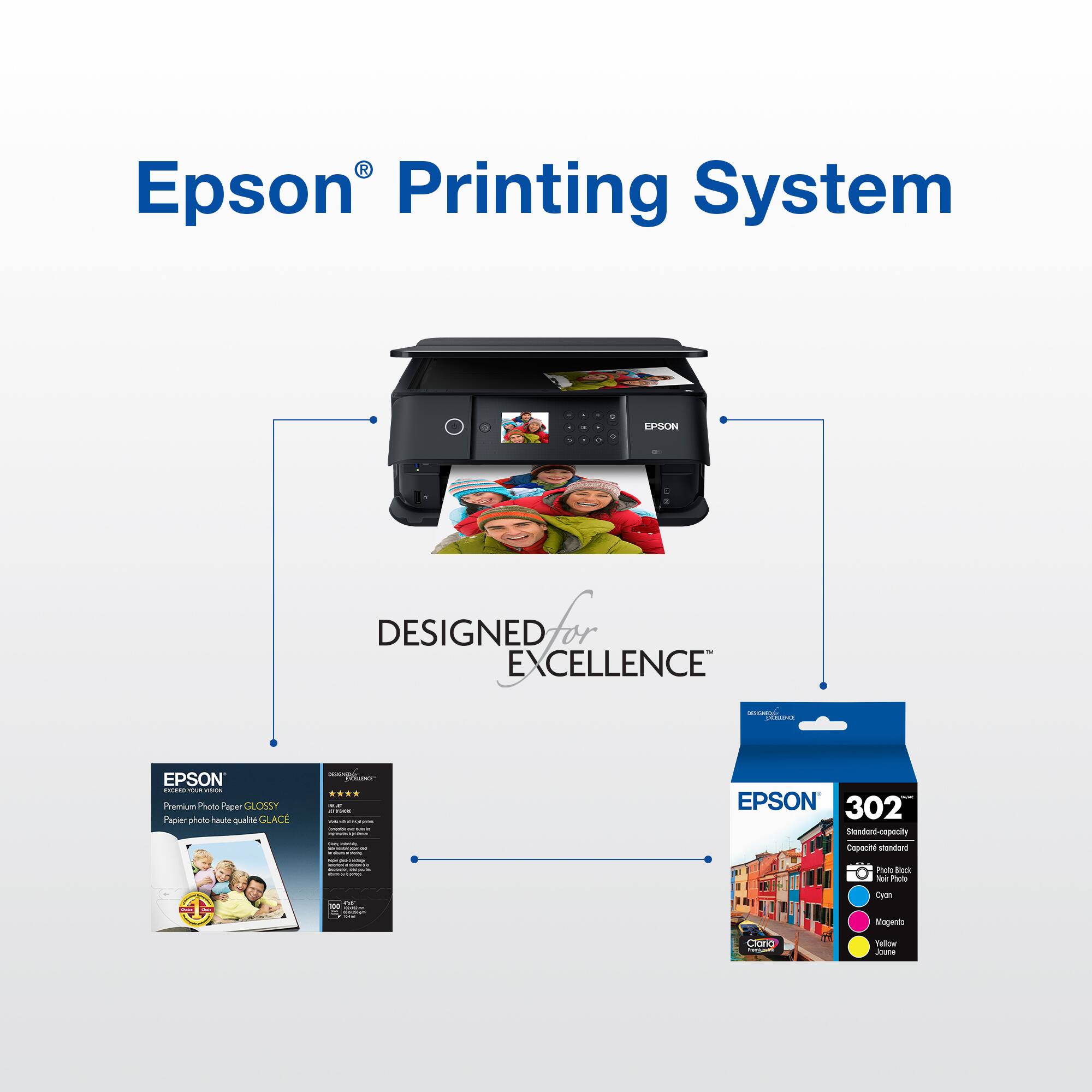 Epson® Printing System  
DESIGNED for EXCELLENCE™  

EPSON  
Premium Photo Paper GLOSSY  
Paper photo haute qualité GLACE  

EPSON  
302  
Standard-capacity  
Cyan Magenta Yellow Black  
Ink Cartridges