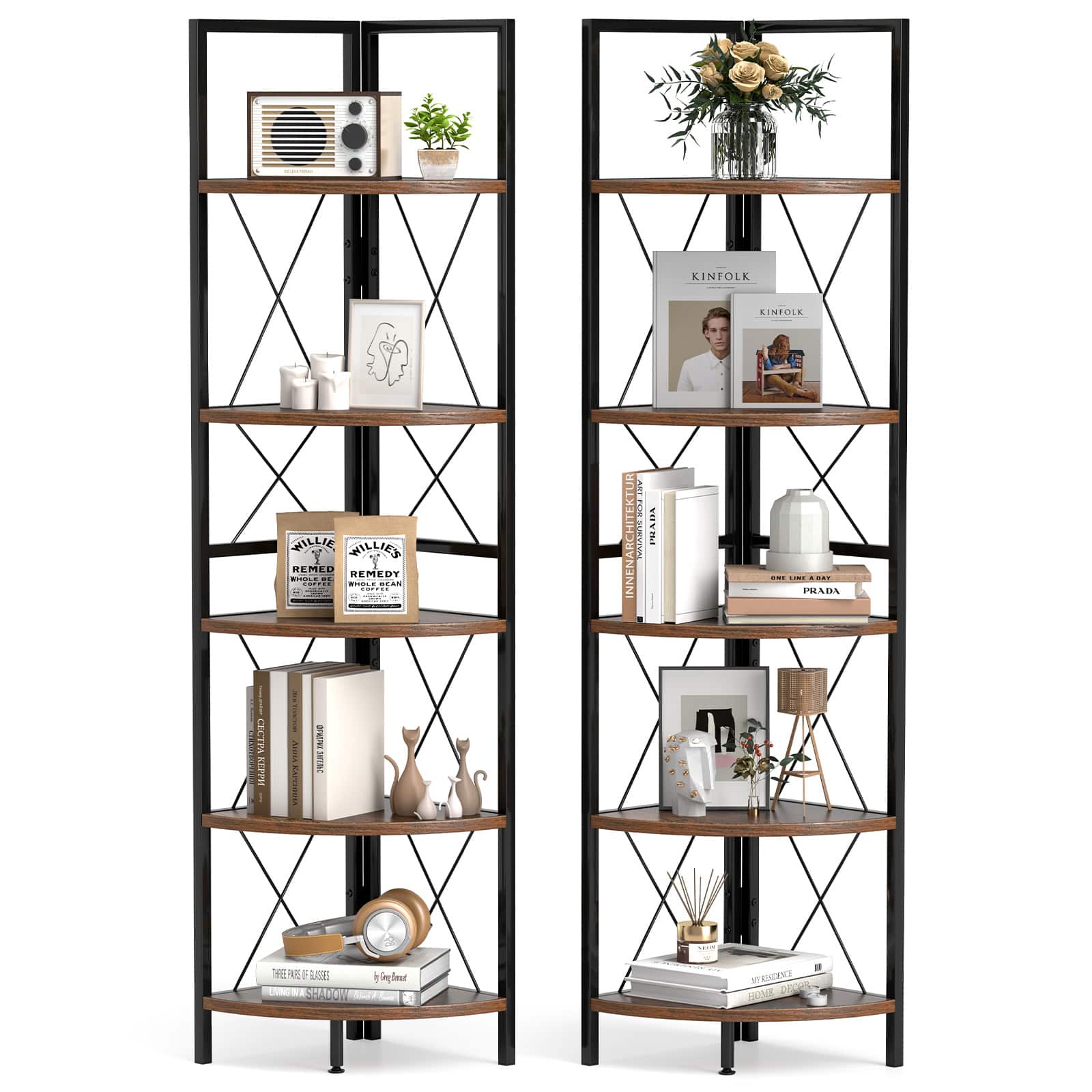 Gymax - 2 PCS 5-tier Corner Display Rack Corner Ladder Bookshelf w/ Sturdy Metal Frame Brown & Black - Rustic Brown, Black